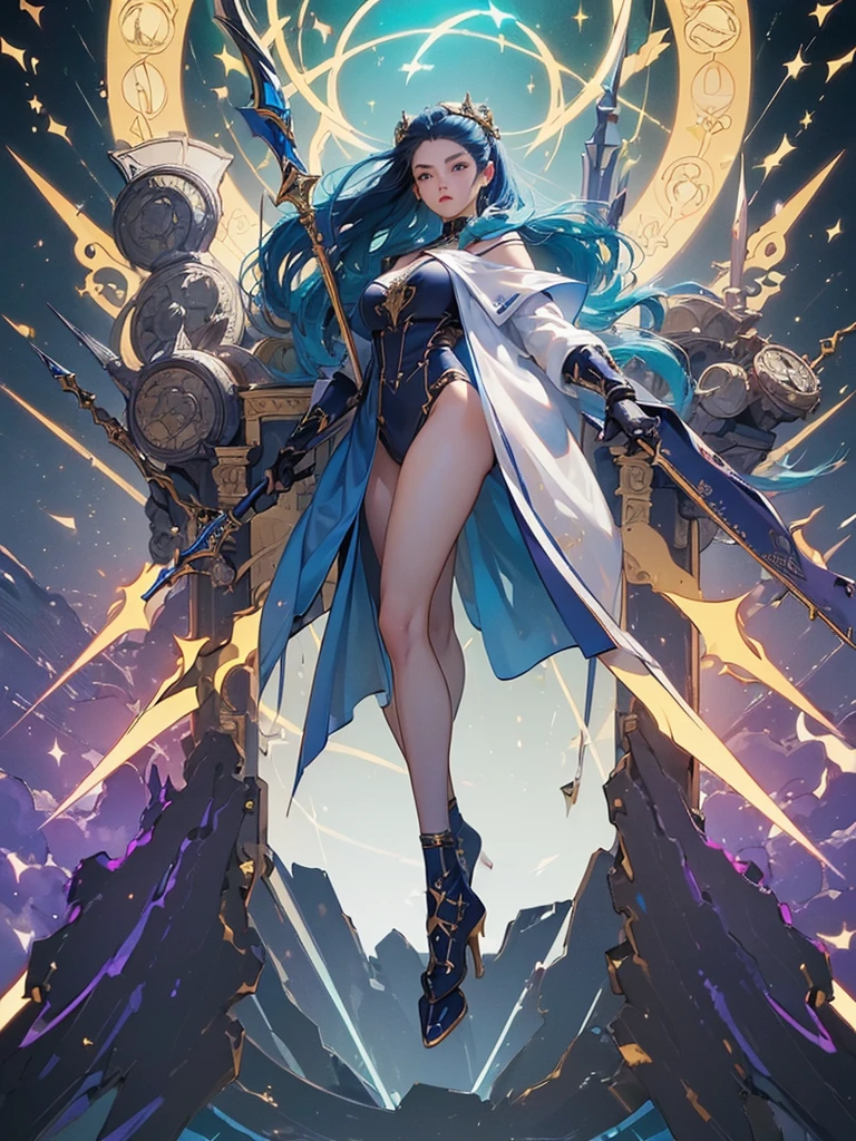 (((masterpiece, best quality, 8k))) Design a layout showcase Gaming character, (1girl),((perfect face, high detailed face)). Golden+Purle clothes, stylish and unique, ((showcase weapon:1.4)), magic staff, (masterpiece:1.2), (best quality), 4k, ultra-detailed, (Step by step design, layout art:1.5), (luminous lighting, atmospheric lighting), magican, ((glove full hands)), (((revealing clothes:1.3))), vambraces, armored legwear, (((full_body_shot:1.4)))
