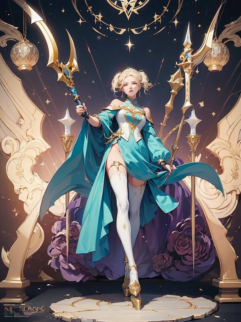 (((masterpiece, best quality, 8k))) Design a layout showcase Gaming character, (1girl),((perfect face, high detailed face)). Golden+Purle clothes, stylish and unique, ((showcase weapon:1.4)), magic staff, (masterpiece:1.2), (best quality), 4k, ultra-detailed, (Step by step design, layout art:1.5), (luminous lighting, atmospheric lighting), magican, ((glove full hands)), (((revealing clothes:1.3))), vambraces, armored legwear, (((full_body_shot:1.4)))