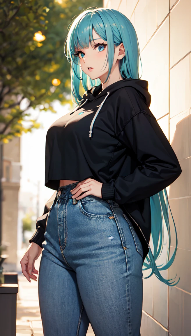photorealistic, (4k), depth of field, (Masterpiece), (realistic skin texture), extremely detailed, intricate, hyper detailed, professional photography, bokeh, high resolution, sharp detail, best quality, girl, long hair, aqua hair, blunt bangs, blue eyes, dynamic pose, tan hoodie, beautiful thighs, indoors, (facing viewer), looking at viewers, large breasts,kasumi, miwa, kasumi miwa, mouth slightly open, hourglass shape, soft lips, delicate lips, shiny lips, natural lips, High waisted jeans, tight jeans, cropped hoodie, baggy hoodie, thick heavy hoodie, long sleeve