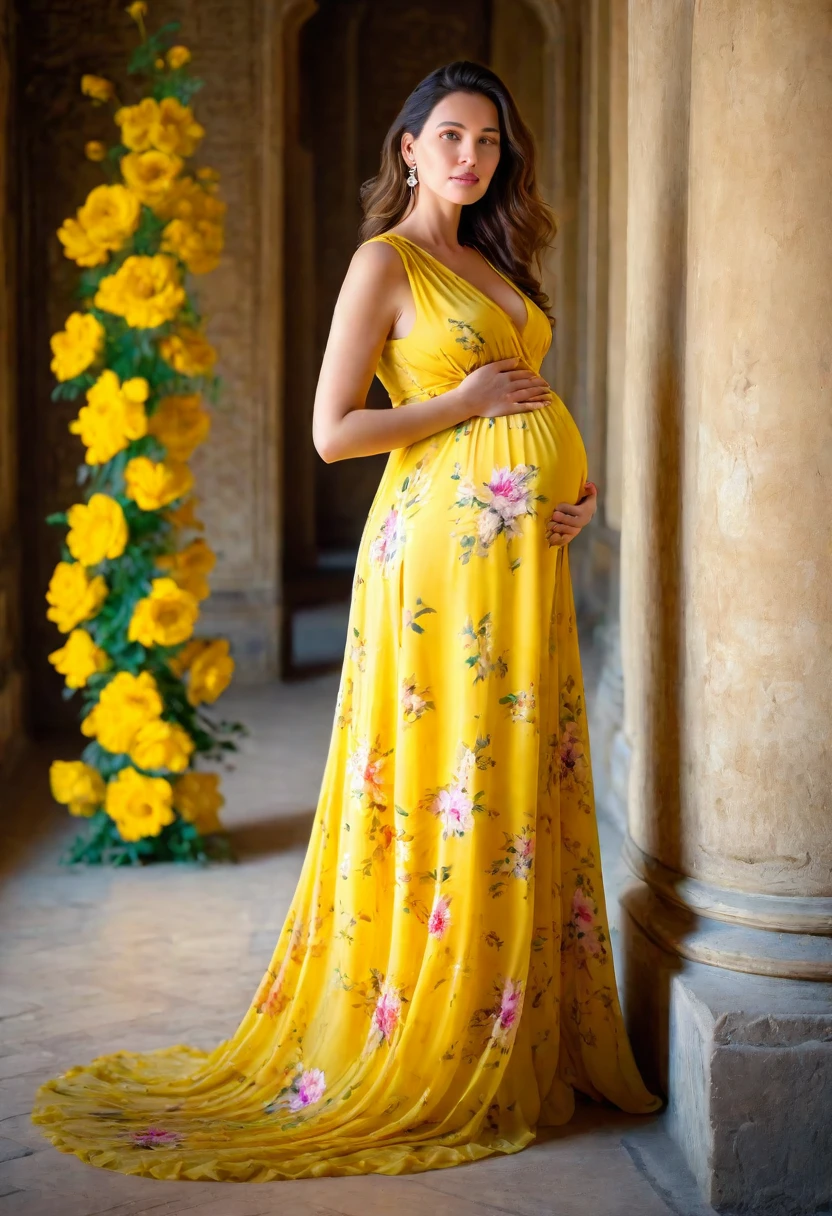 pregnant woman in yellow dress with flower pattern standing inside old palace, maternal photography 4 k, standing in old palace, floral art novuea yellow dress, lady with glowing yellow dress, full body portrait in palace , wearing a long yellow dress, flowing gown, wearing chiton, full body portrait shot indoor palace , full body portrait, long luxurious flowing yellow gown, beautiful gown