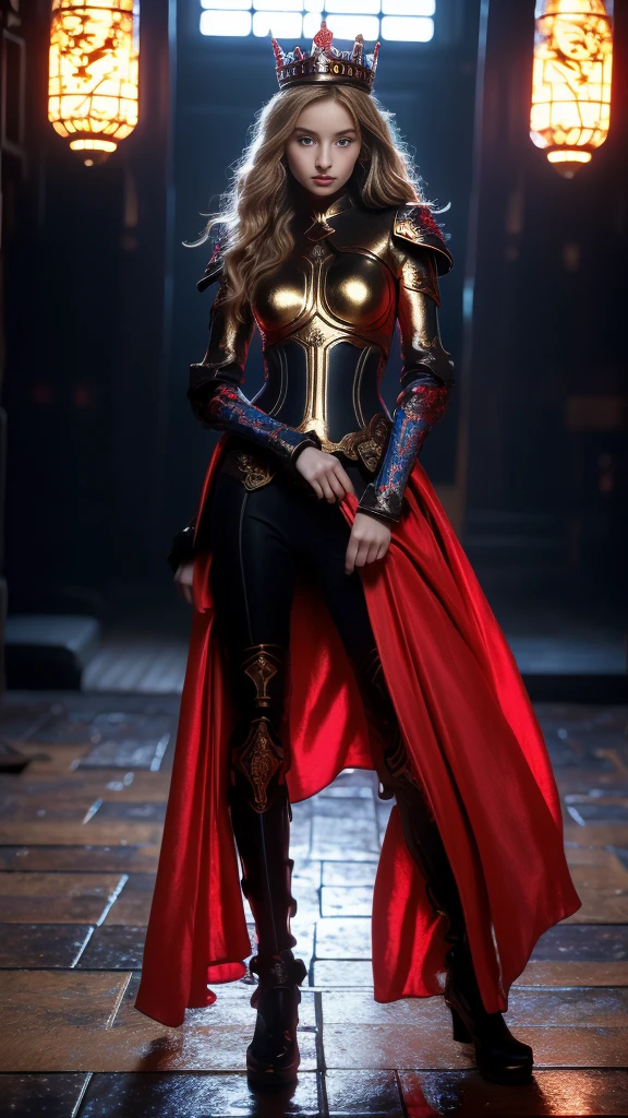 ((Full body photo,standing, feet on the ground)) highest quality, 4K, High resolution, masterpiece:1.2, Super detailed,(front:1.9), (Realistic, Realistic, Photorealistic:1.6), Vibrant, Red and blue eyes,Strong gaze,Seductive eye contact,Bright red iris,Shining stars in the dark blue,Sparkling Eyes,Vibrant colors,(Face the front:1.5),Fantasy art,(masterpiece:1.2, highest quality), (Realistic, photoRealistic:1.4), Beautiful illustrations, (Natural Side Lighting, Cinema Lighting), Looking at the audience, Upper Body,((highest quality)), ((masterpiece)), (Very detailed:1.3),Woman in black armor, Long Hair. Right hand holds a high-grade sword, Armor fight scene, Very cute face, Very slim body, Very slim, Small waist, Super perfect big , Perfect big round breasts, Smooth skin, Silky Hair, blue eyes, , Red Robe,Blue hijab with princess crown , Luxurious golden patterned armor, blonde, Fighting Style, Red lips, Blushing, Erect nipples ,