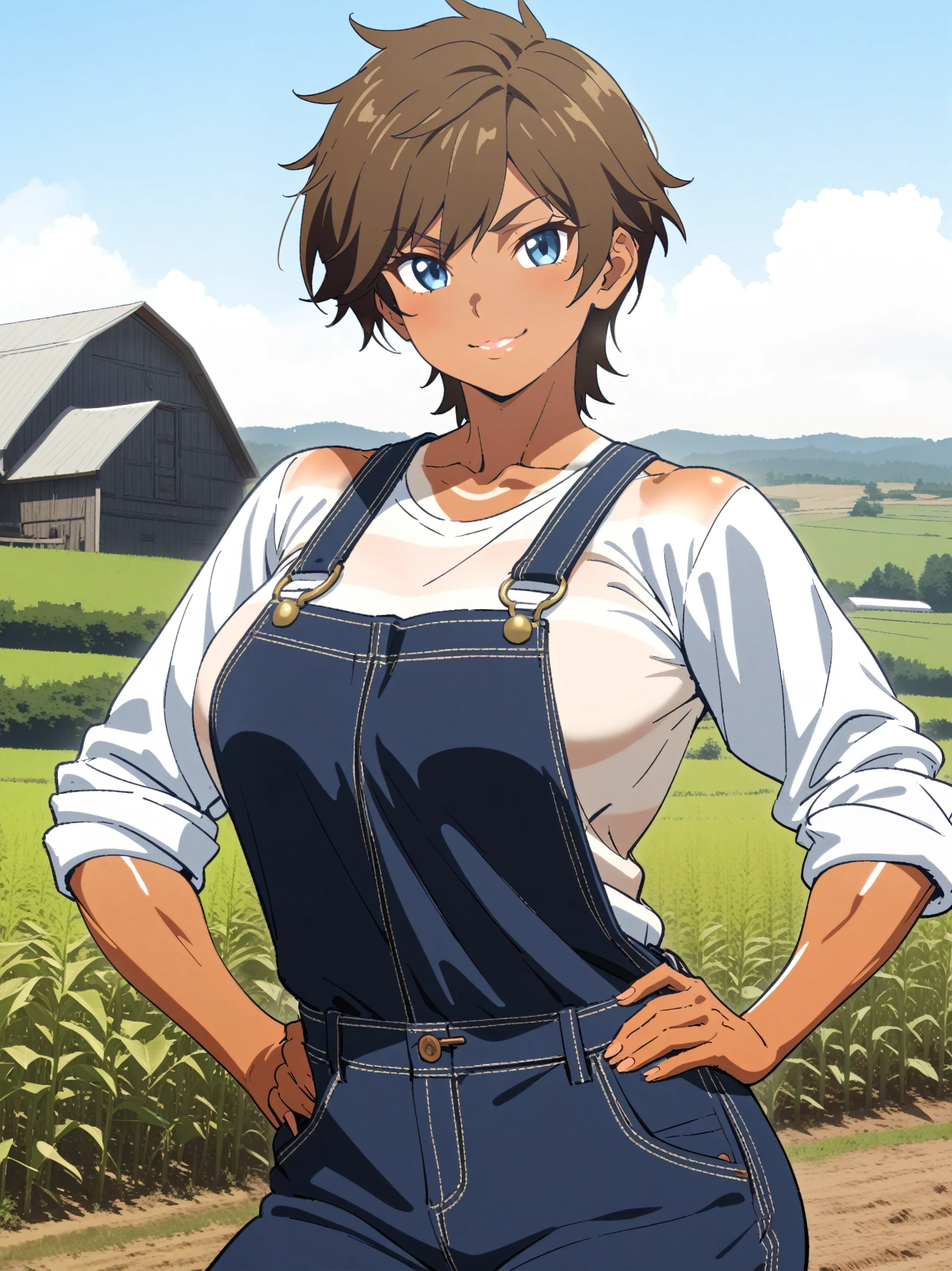 {{upper body}} {{Artist: sincos}} 1girl, solo, tomboy, mature female, muscular female, brown hair, short hair, blue eyes, tan, tanlines, lips, large breasts, white shirt, sleeves rolled up, blue overalls, smile, looking at viewer, hand at own hip, clear sky, farm, medieval fantasy.