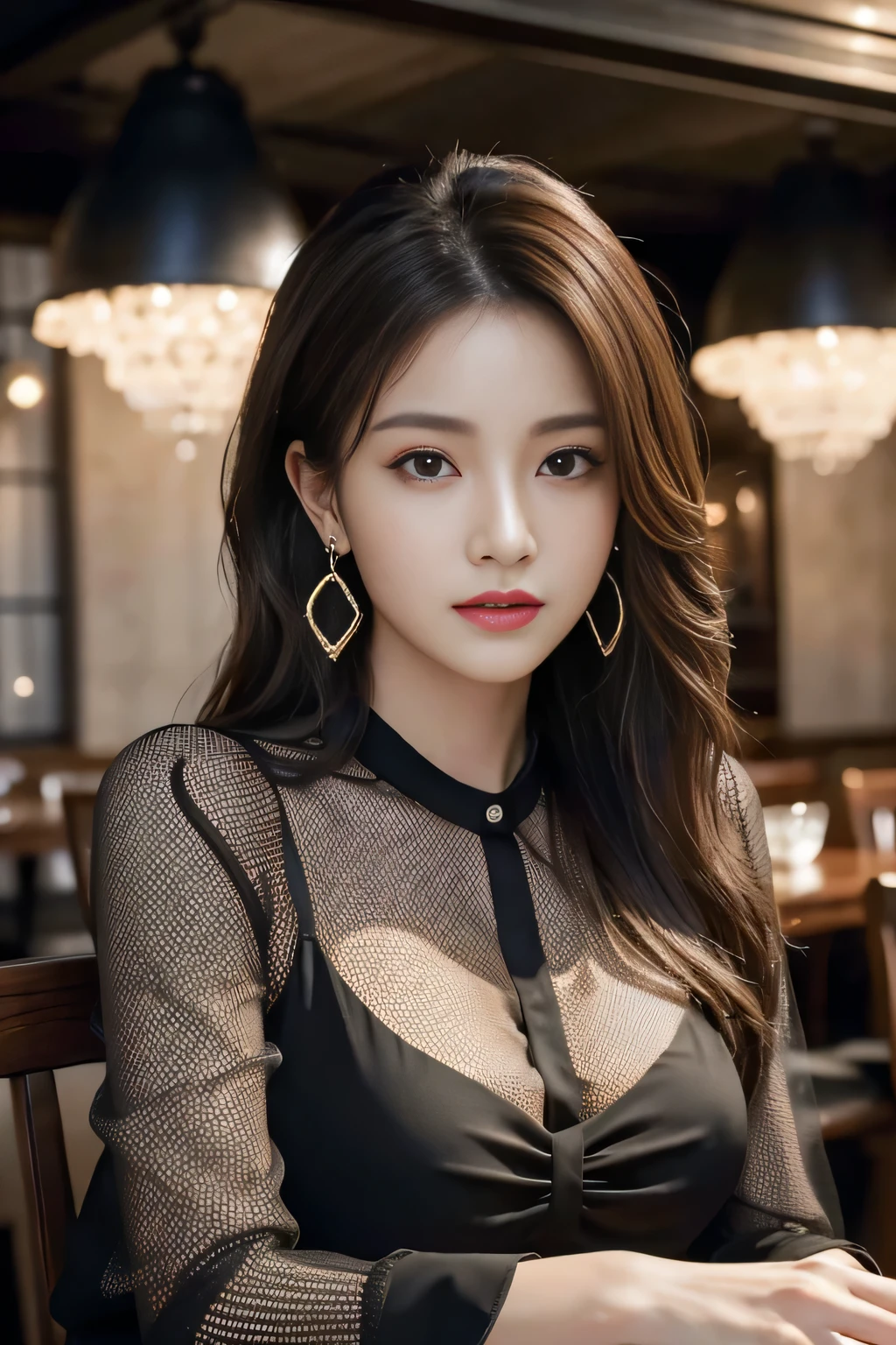 masterpiece, highest quality, Realistic, Very detailed, Finer details, High resolution, 8k wallpaper, One beautiful woman, Wear a black see-through blouse, In a great restaurant, At night, Light brown messy hair, Perfect dynamic composition, Beautiful and beautiful eyes、Big earrings、Sitting in a chair、