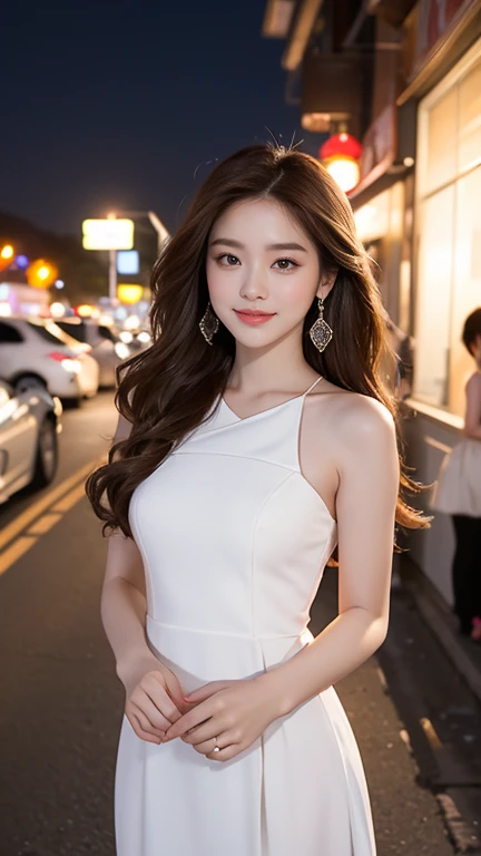 ((best quality, 8k, masterpiece :1.3)), 1 girl, smiling, whole body, face slimming, pretty Woman, (Dark brown hair), full length dress :1.1, Super detailed faces, delicate eyes, double eyelids, blurred background, face slimming, City, external, street,