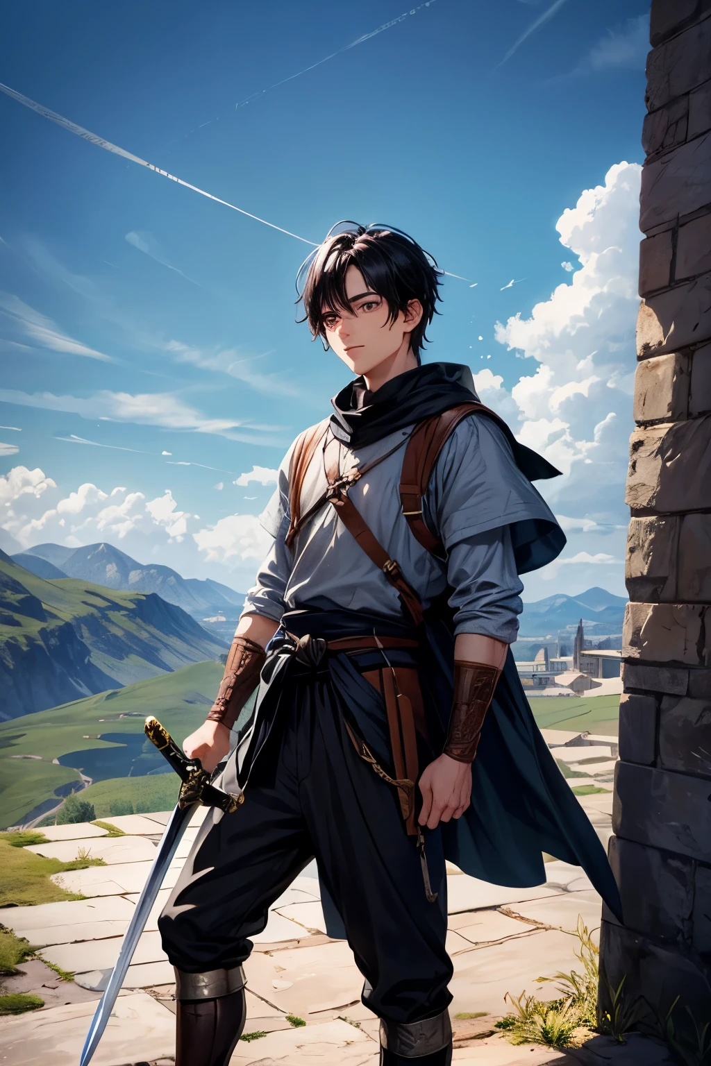 A boy his twenties, with black hair and black eyes, living in a mountain with a beautiful skyline, carrying a sword on his waist, and living in medieval times.