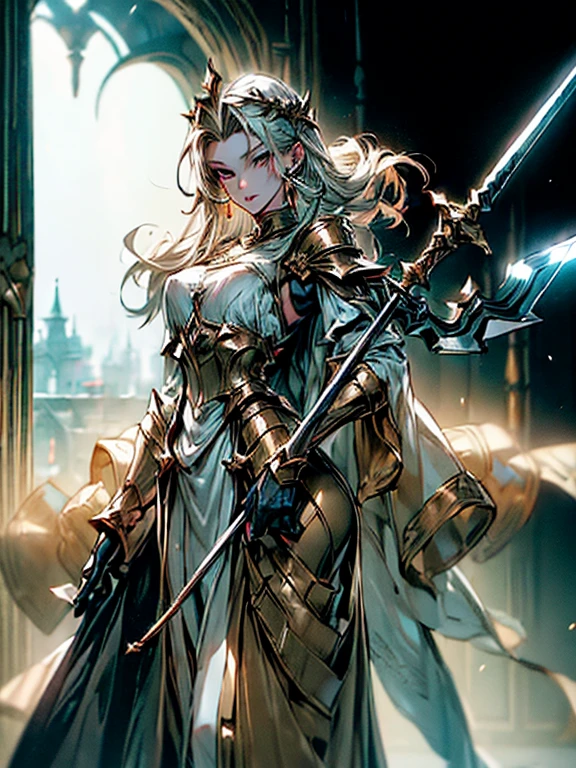 (((masterpiece, best quality, 8k))) Design a layout showcase Gaming character, (1girl),((perfect face, high detailed face)). Golden+Purle clothes, stylish and unique, ((showcase weapon:1.4)), magic staff, (masterpiece:1.2), (best quality), 4k, ultra-detailed, (Step by step design, layout art:1.5), (luminous lighting, atmospheric lighting), magican, ((glove full hands)), (((revealing clothes:1.3))), vambraces, armored legwear, (((full_body_shot:1.4)))