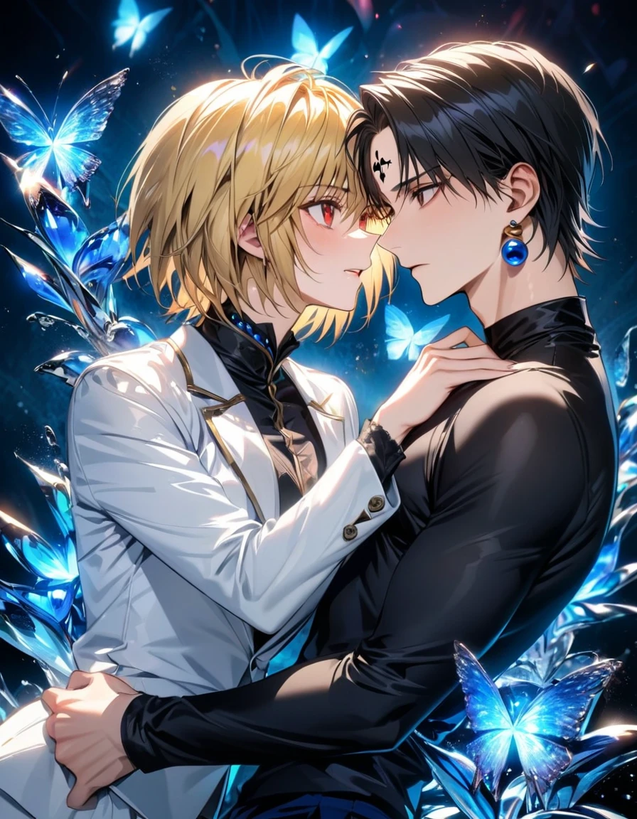 absurdres, highres, ultra detailed, HDR, master piece, best quality, Chrollo Lucilfer, black hair, expressive brown eyes, hunter x hunter, Kurapika, blonde hair, expressive red eyes, two men together, gay couple, yaoi, handsome, white jacket, black shirt, blue earrings, black cross tattoo on the forehead, patterns, magical, fantasy, blue background, blue lotus, shining, blue petals, blue glittering butterflies, glass sculptures