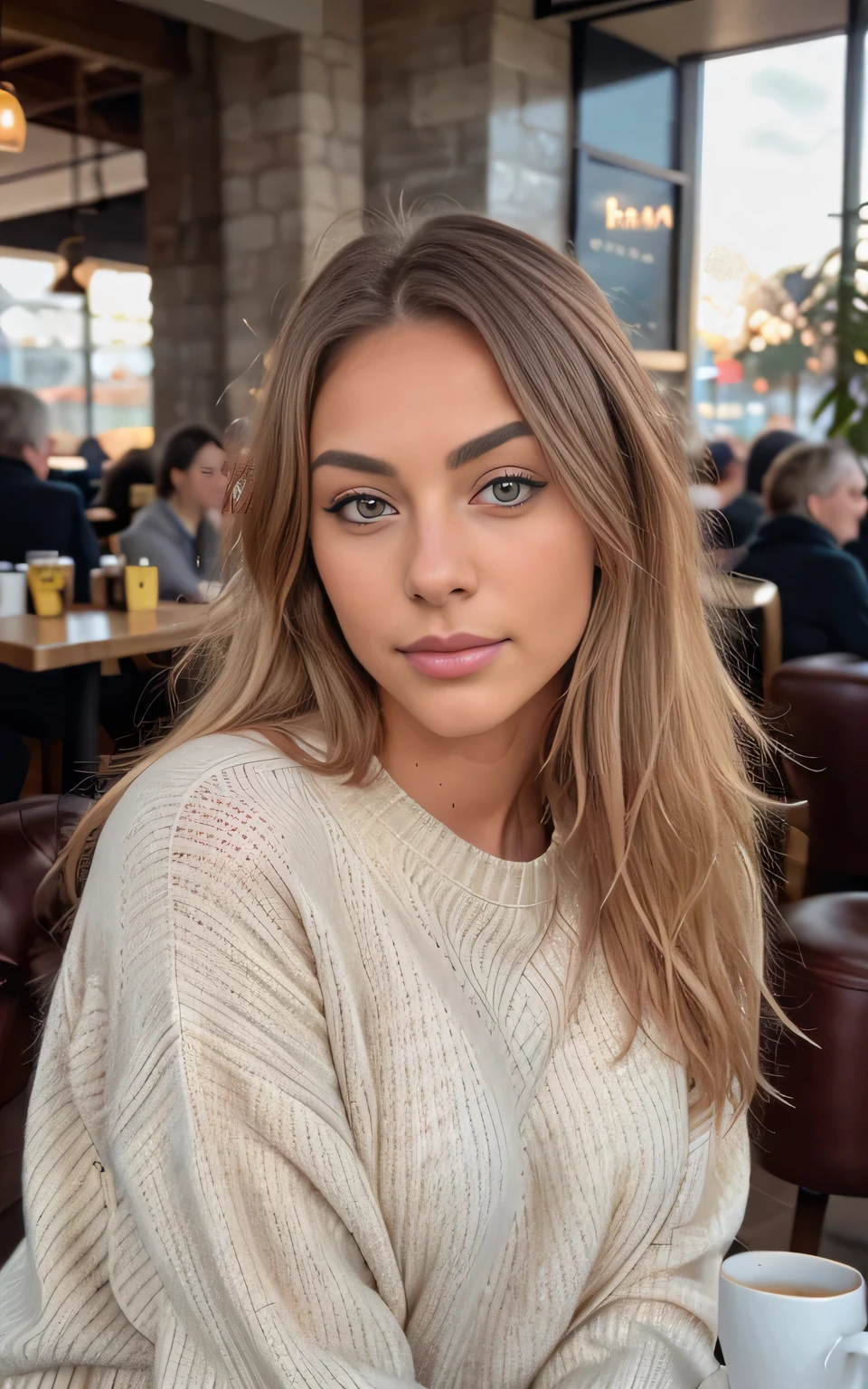 cute beautiful dark baleage blonde wearing yellow sweater "old money style "(inside a modern cafe at sunset), very detailed, 21 years old, inoccent face, natural long blonde wave hair, blue eyes, high-res, masterpiece, best quality,intricate details, highly detailed,sharp focus, detailed skin,realistic skin texture,texture, detailed green eyes, professional, 4k, charmer smile, shot on Canon, 85mm,shallow depth of field,kodak vision color, perfect fit body, extremely detailed, photo_\(ultra\), photorealistic, realistic, post-processing, max detail, roughness, real life, sexy, ultra realistic, photorealism, photography, 8k uhd, photography
