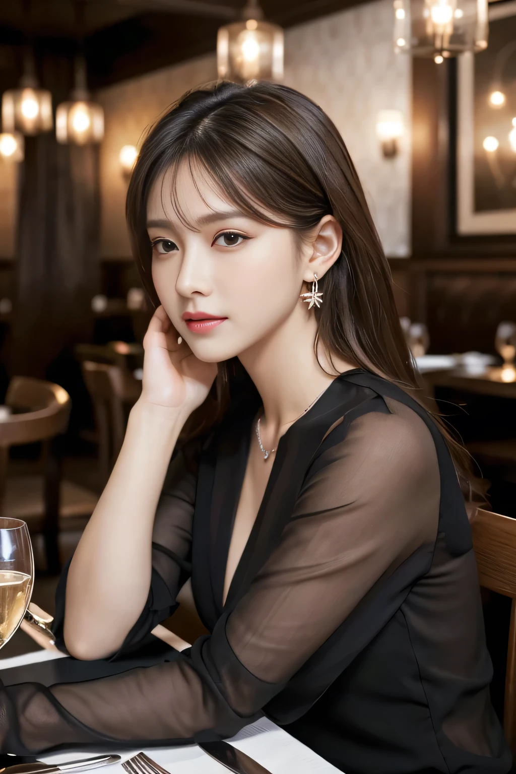 masterpiece, highest quality, Realistic, Very detailed, Finer details, High resolution, 8k wallpaper, One beautiful woman, Wear a black see-through blouse, In a great restaurant, At night, Light brown messy hair, Perfect dynamic composition, Beautiful and beautiful eyes、Big earrings、Sitting in a chair、