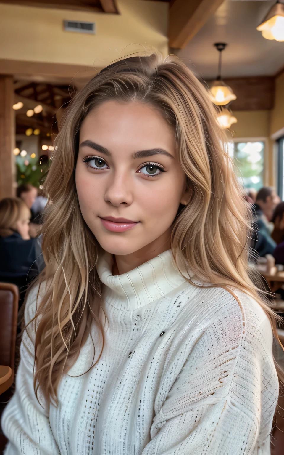 cute beautiful dark baleage blonde wearing yellow sweater "old money style "(inside a modern cafe at sunset), very detailed, 21 years old, inoccent face, natural long blonde wave hair, blue eyes, high-res, masterpiece, best quality,intricate details, highly detailed,sharp focus, detailed skin,realistic skin texture,texture, detailed green eyes, professional, 4k, charmer smile, shot on Canon, 85mm,shallow depth of field,kodak vision color, perfect fit body, extremely detailed, photo_\(ultra\), photorealistic, realistic, post-processing, max detail, roughness, real life, sexy, ultra realistic, photorealism, photography, 8k uhd, photography