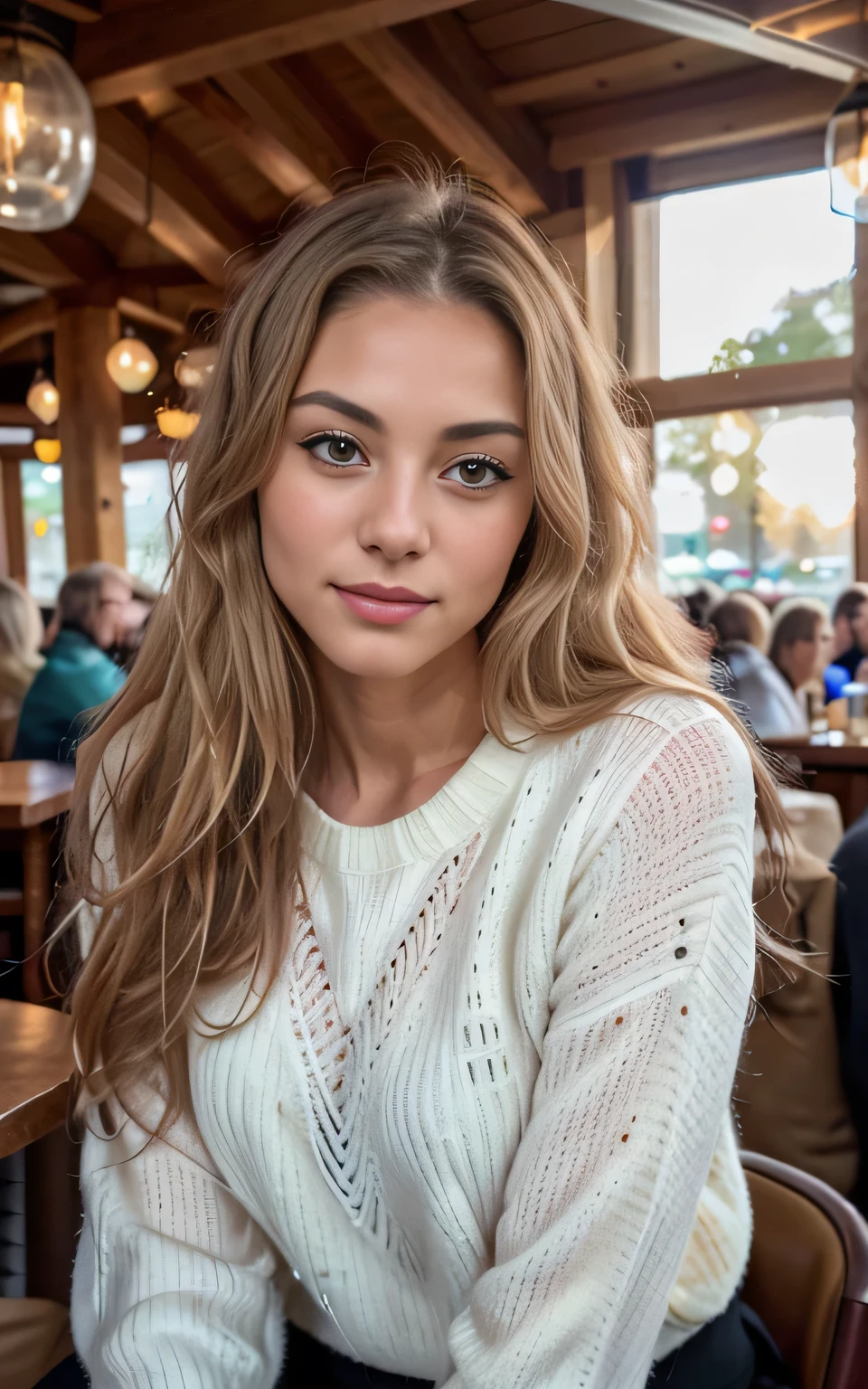 cute beautiful dark baleage blonde wearing yellow sweater "old money style "(inside a modern cafe at sunset), very detailed, 21 years old, inoccent face, natural long blonde wave hair, blue eyes, high-res, masterpiece, best quality,intricate details, highly detailed,sharp focus, detailed skin,realistic skin texture,texture, detailed green eyes, professional, 4k, charmer smile, shot on Canon, 85mm,shallow depth of field,kodak vision color, perfect fit body, extremely detailed, photo_\(ultra\), photorealistic, realistic, post-processing, max detail, roughness, real life, sexy, ultra realistic, photorealism, photography, 8k uhd, photography