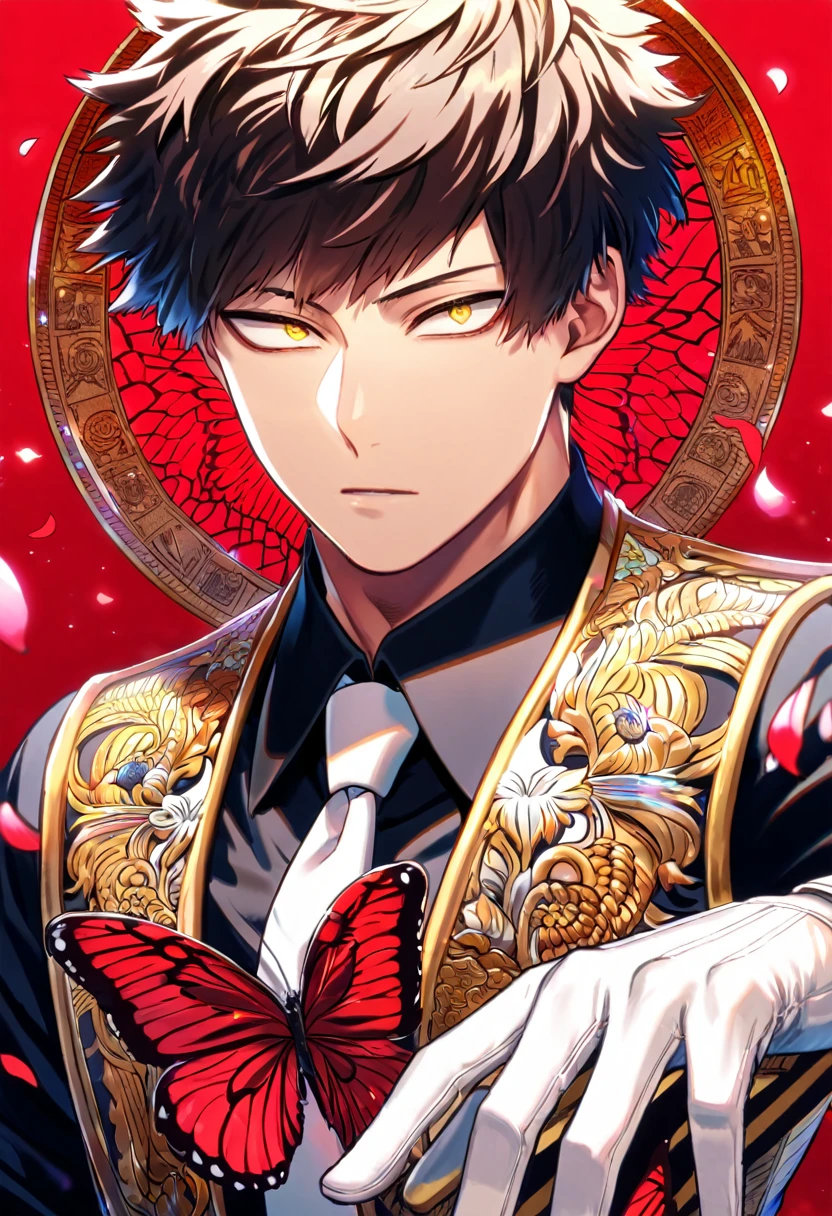 Ultra detailed, Highres, absurdres, HDR, Chisaki Kai, Overhaul, dark brown hair, short hair, expressive golden eyes, white necktie, black shirt, glittering red butterflies, Boku No Hero Academia, white gloves, petals, handsome, sexy man, solo, very detailed eyes and face, master piece, toned chest, glittering, fantasy, red forest, red background