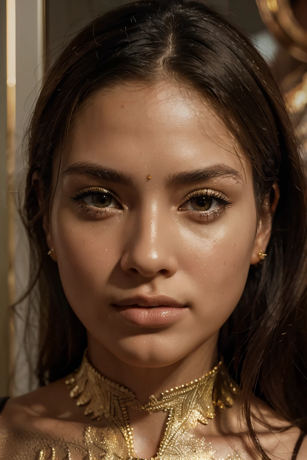 (Best quality, Ultra-detailed, Golden ratio, Masterpiece: 1.2), Close-up shot, Mirror reflection, Reflecting glass, Glossy finish, High-definition, Photorealistic, (1.4), Stunning woman, Touching her face, Surprised expression, Beautiful, Captivating, (Sorprendida, Hermosa: 1.3), Makeup: 1.5, Subtle blush: 0.5, Intricate details, Detailed skin texture, Goosebumps: 0.5, Cinematic lighting: 0.7, SoftFocus on the face, (MetaHuman: 1