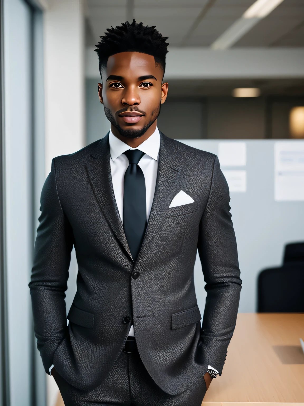 portrait, confident, Inspirational, man of black origin, fair skin, heterochromatic eyes, (skin texture), skin pores, shallow depth of field, sharp eye focus, backlit, tapered nose, standing, full body, office room,Thin, tight suit, standing, full body, fortitude, tmasterpiece, professional photo