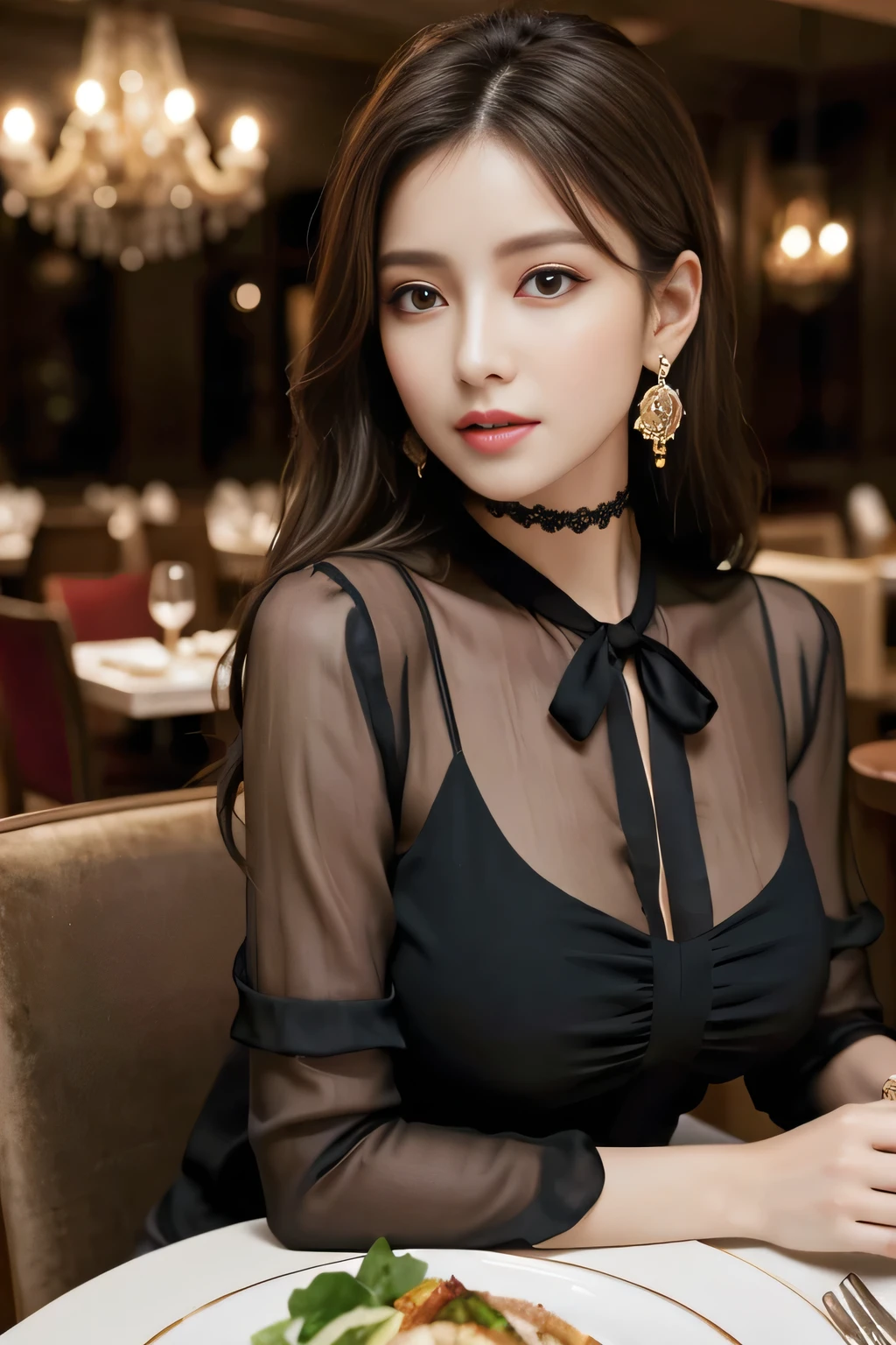 masterpiece, highest quality, Realistic, Very detailed, Finer details, High resolution, 8k wallpaper, One beautiful woman, Wear an elegant black see-through blouse, In a great restaurant, At night, Light brown messy hair, Perfect dynamic composition, Beautiful and beautiful eyes、Big earrings、Sitting in a chair、