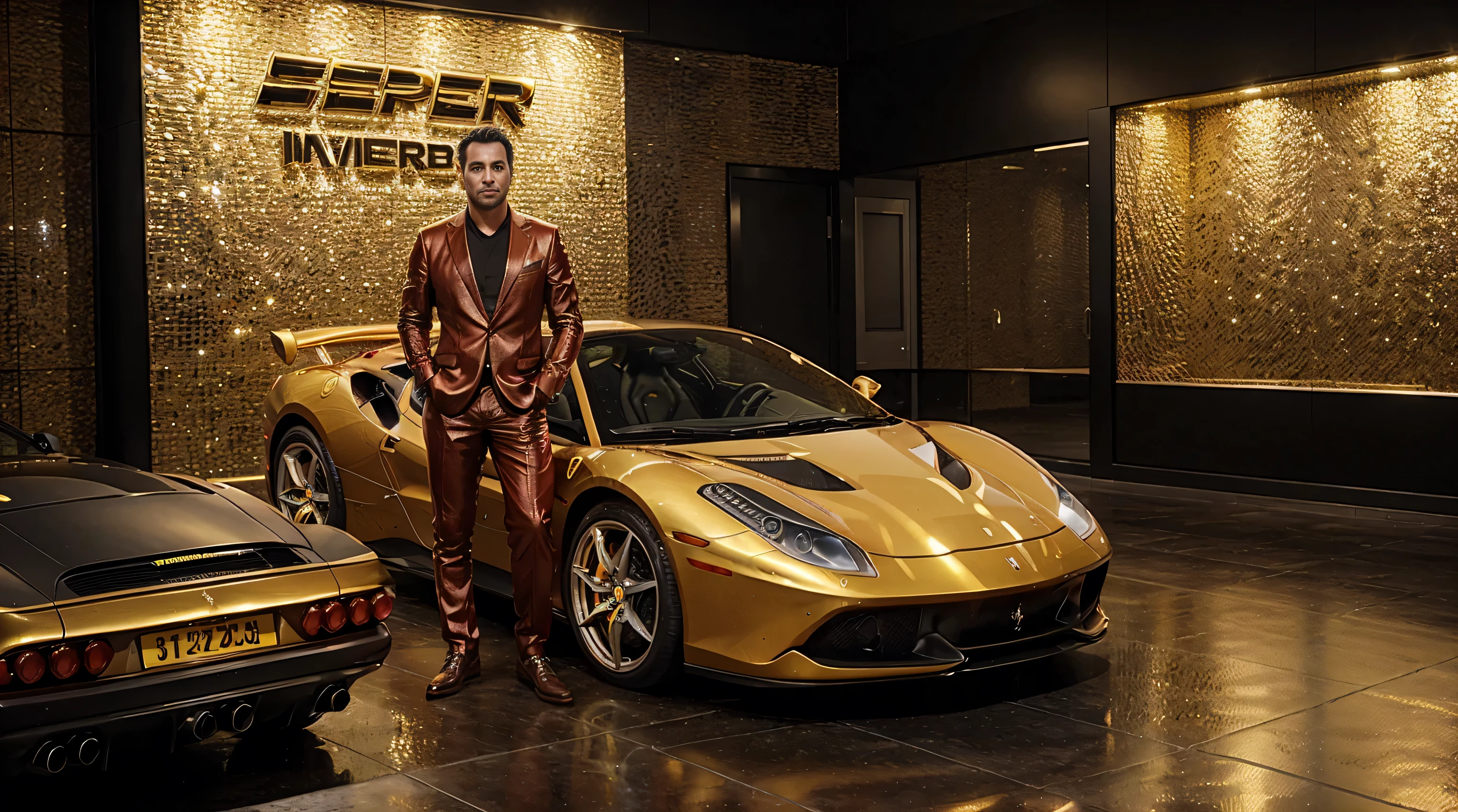 A millionaire investor in front of a Ferrari, full of shiny gold bars, ultra realistic image, high level of detail, 8k, hyper realism, vivid and intense colors.
