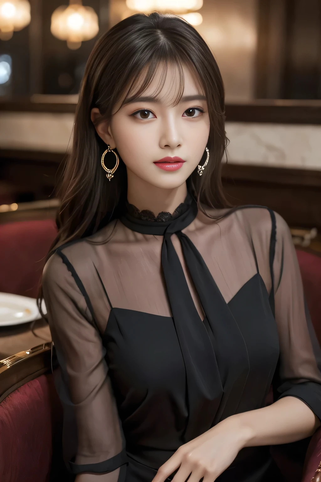 masterpiece, highest quality, Realistic, Very detailed, Finer details, High resolution, 8k wallpaper, One beautiful woman, Wear an elegant black see-through blouse, In a great restaurant, At night, Light brown messy hair, Perfect dynamic composition, Beautiful and beautiful eyes、Big earrings、Sitting in a chair、