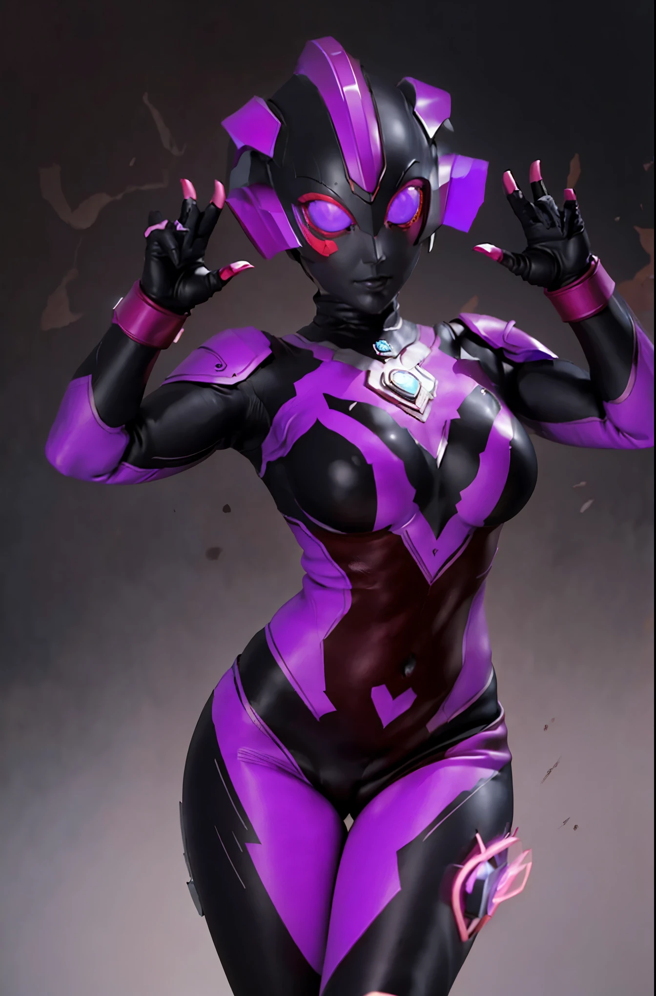 Ultraman Woman. （high quality）（luster）（(Black Face and red eyeline)）（Black and purple thema color）women only. The whole body is covered with a black bodysuit. Spike decoration. Pink lines all over the body. Heart tattoo in belly. purple coloreye. pink glow crystal. Lift both hands. pink sharp claw. sexy pose. Emphasize the belly button. dark background.
