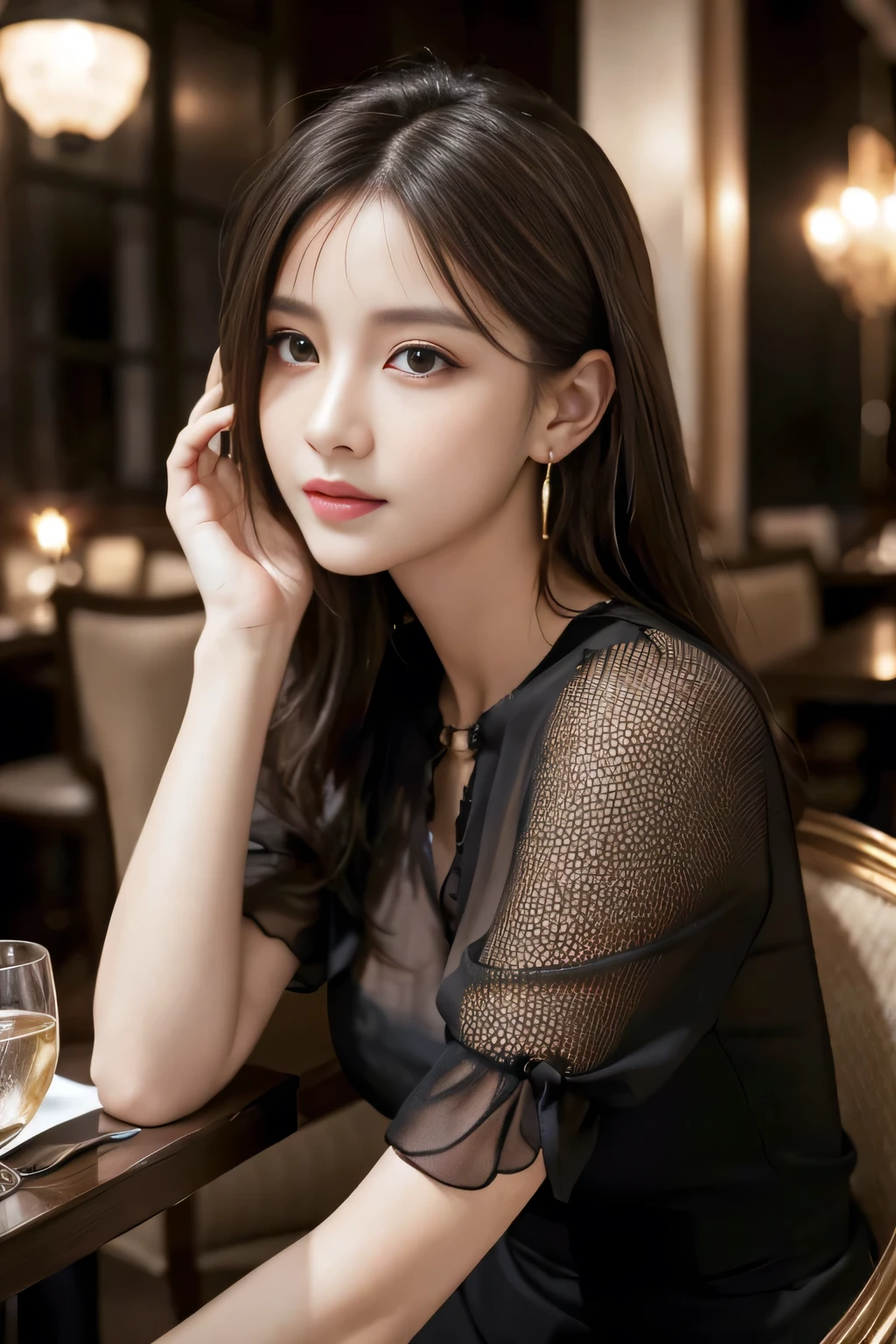 masterpiece, highest quality, Realistic, Very detailed, Finer details, High resolution, 8k wallpaper, One beautiful woman, Wear an elegant black see-through blouse, In a great restaurant, At night, Light brown messy hair, Perfect dynamic composition, Beautiful and beautiful eyes、Big earrings、Sitting in a chair、