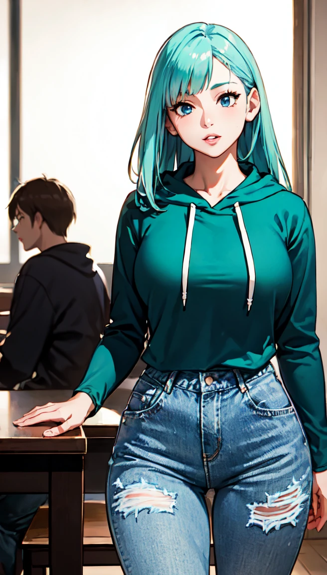 photorealistic, (4k), depth of field, (Masterpiece), (realistic skin texture), extremely detailed, intricate, hyper detailed, professional photography, bokeh, high resolution, sharp detail, best quality, girl, long hair, aqua hair, blunt bangs, blue eyes, dynamic pose, tan hoodie, beautiful thighs, indoors, (facing viewer), looking at viewers, large breasts,kasumi, miwa, kasumi miwa, mouth slightly open, hourglass shape, soft lips, delicate lips, shiny lips, natural lips, High waisted jeans, tight jeans, cropped hoodie, baggy hoodie, thick heavy hoodie, long sleeve