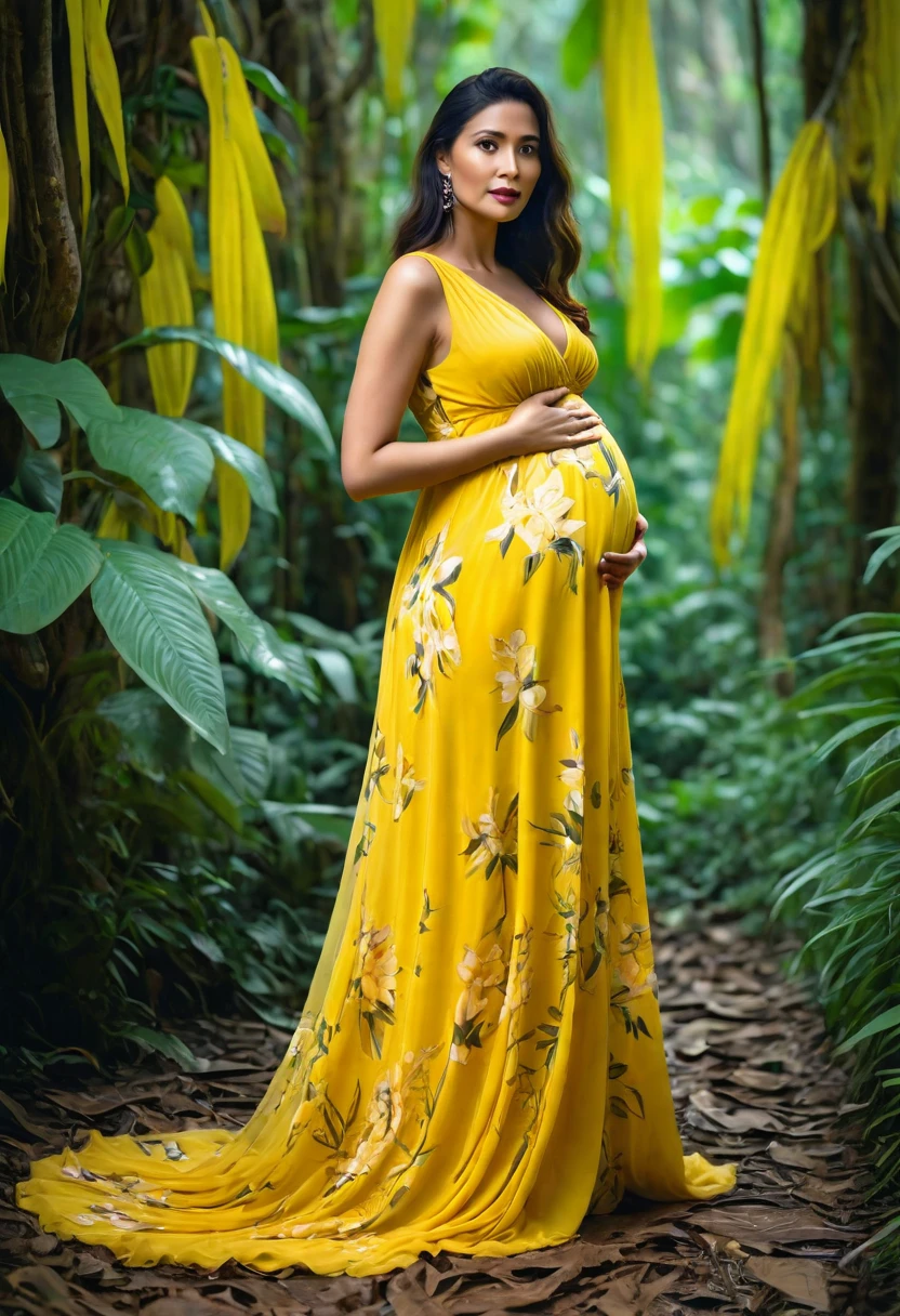 pregnant woman in yellow dress with flower pattern standing inside among trees in jungle , maternal photography 4 k, standing in jungle , floral art novuea yellow dress, lady with glowing yellow dress, full body portrait outdoor photography , wearing a long yellow dress, flowing gown, wearing chiton, full body portrait shot outdoor in jungle , full body portrait, long luxurious flowing yellow gown, beautiful gown