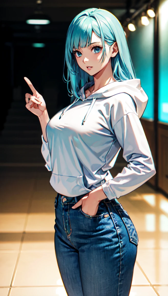 photorealistic, (4k), depth of field, (Masterpiece), (realistic skin texture), extremely detailed, intricate, hyper detailed, professional photography, bokeh, high resolution, sharp detail, best quality, girl, long hair, aqua hair, blunt bangs, blue eyes, dynamic pose, tan hoodie, beautiful thighs, indoors, (facing viewer), looking at viewers, large breasts,kasumi, miwa, kasumi miwa, mouth slightly open, hourglass shape, soft lips, delicate lips, shiny lips, natural lips, High waisted jeans, tight jeans, cropped hoodie, baggy hoodie, thick heavy hoodie, long sleeve, middle finger, giving camera the middle finger