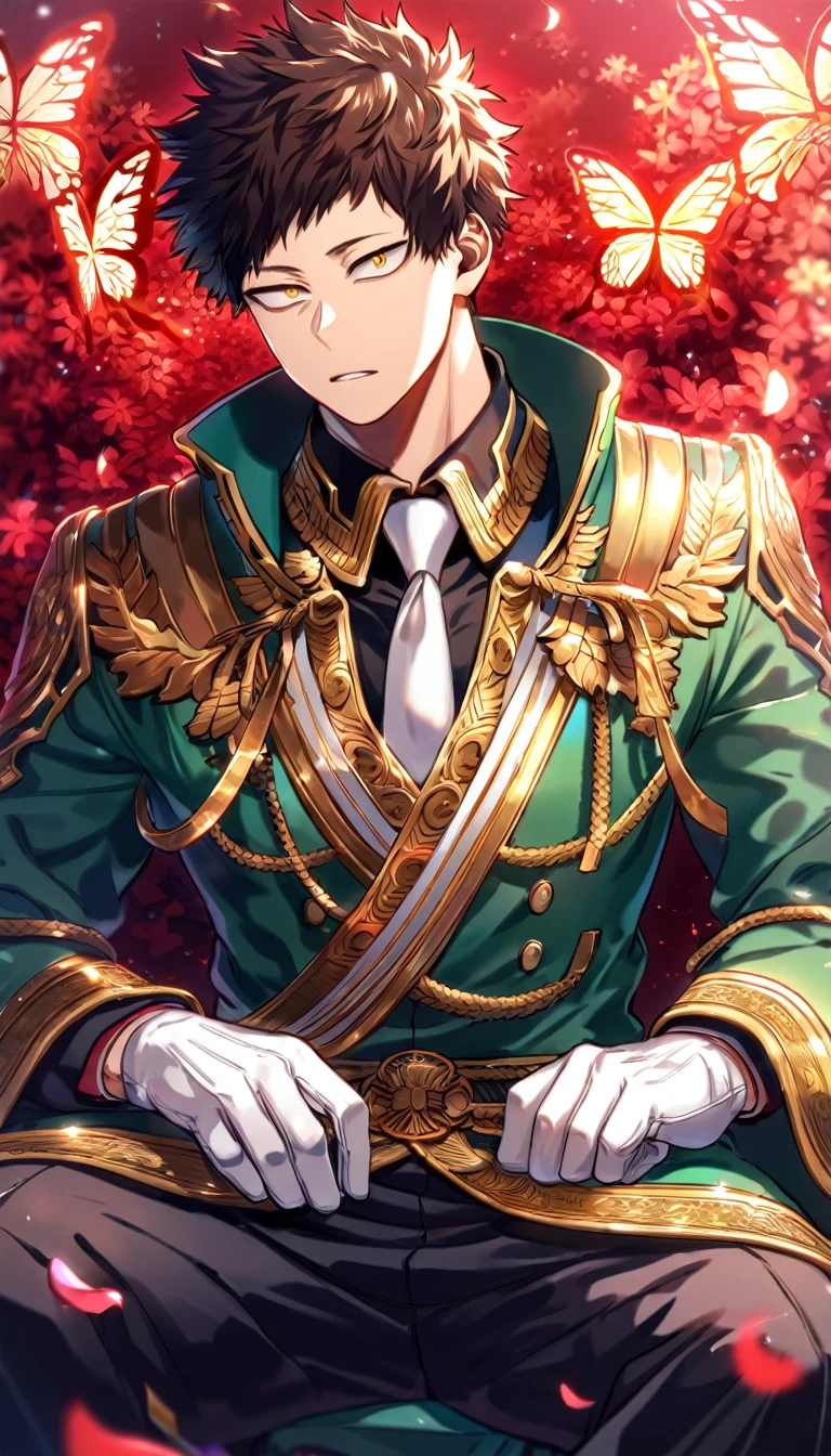 Ultra detailed, Highres, absurdres, HDR, Chisaki Kai, Overhaul, dark brown hair, short hair, expressive golden eyes, white necktie, black shirt, green coat, glittering red butterflies, Boku No Hero Academia, white gloves, petals, handsome, sexy man, solo, very detailed eyes and face, master piece, toned chest, glittering, fantasy, red forest, red background, black pants, sitting, best quality,