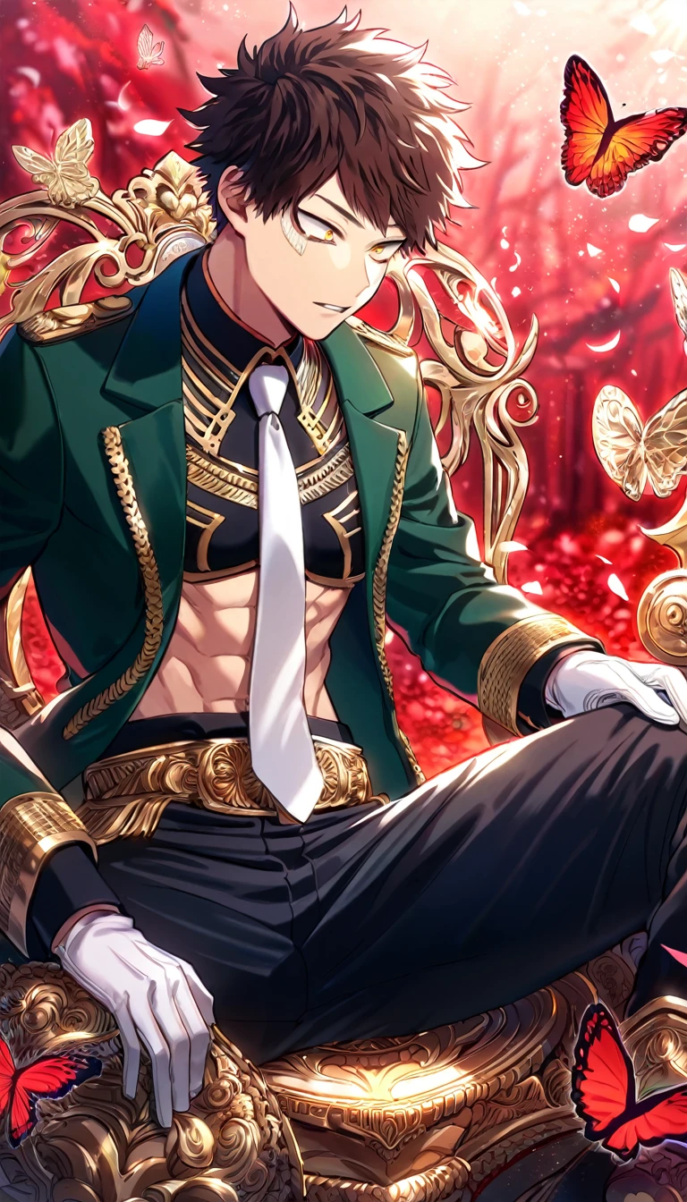 Ultra detailed, Highres, absurdres, HDR, Chisaki Kai, Overhaul, dark brown hair, short hair, expressive golden eyes, white necktie, black shirt, green coat, glittering red butterflies, Boku No Hero Academia, white gloves, petals, handsome, sexy man, solo, very detailed eyes and face, master piece, toned chest, glittering, fantasy, red forest, red background, black pants, sitting, best quality,