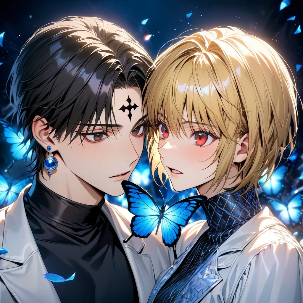 absurdres, highres, ultra detailed, HDR, master piece, best quality, Chrollo Lucilfer, black hair, expressive brown eyes, hunter x hunter, Kurapika, blonde hair, expressive red eyes, two men together, gay couple, handsome, white jacket, black shirt, blue earrings, black cross tattoo on the forehead, patterns, magical, fantasy, blue background, blue lotus, shining, blue petals, blue glittering butterflies, glass sculptures