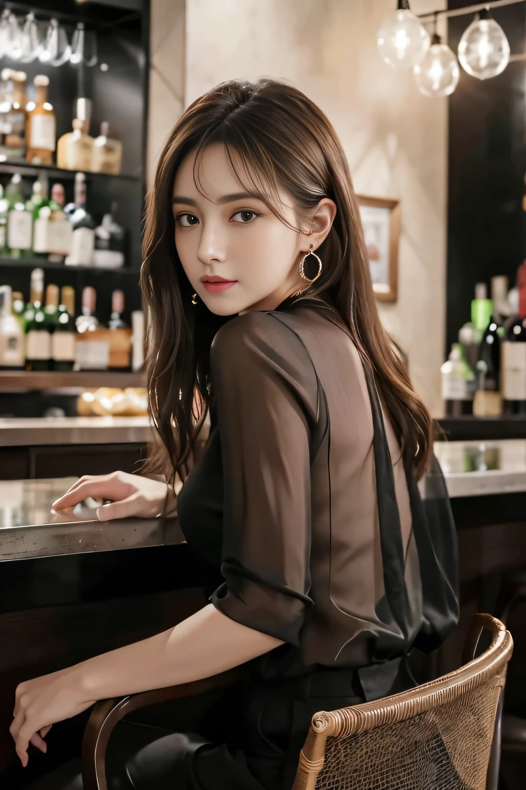 masterpiece, highest quality, Realistic, Very detailed, Finer details, High resolution, 8k wallpaper, One beautiful woman, Wear a black see-through blouse, A great bar counter, At night, Light brown messy hair, Perfect dynamic composition, Beautiful and beautiful eyes、Big earrings、Sitting in a chair、Back view