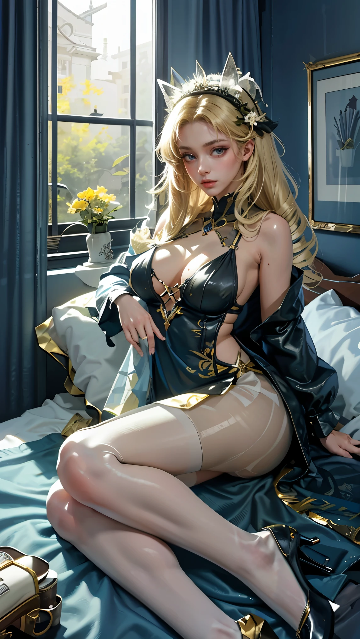 Best quality, masterpiece, ultra high res, raw photo, beautiful and aesthetic, deep shadow, fairy theme,(ultra detailed:1.3),
1girl, sexy pose, headdress, drill hair, long hair, blonde hair, gradient hair, yellow eyes, solo, huge breasts, big hair, blue hair, divine goddess, looking at viewer, indoors, modern bedroom, room full of curtain, astraea, full body, outfit-moss dress, white pantyhose