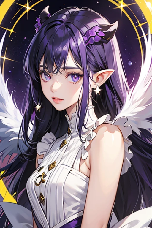 Her wings are bright yellow with sharp points with rounded shapes on each tip. She has white skin and pointy ears. Her eyes are bright purple with small star symbols in her pupils, and has purple highlights on her upper eyelids. She has star shaped earrings on her ears. Her hair is long, straight, and colored dark periwinkle. All her bangs are often trimmed flat and lined equally and two small and thick cowlicks on the side of her fringes. She has a single long pig tail tied on the left side of her head, with a yellow star adorned on it. SPARKLE; GLITTER