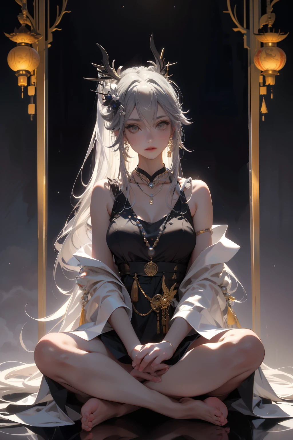high resolution, Magic , (Asymmetrical Hair, Side Ponytail, dream-like, Delicate and intricate hair accessories, In the clouds, Full Body Lesbian, Gray Hair, Gradient Eyes, Tengu Mask, Beaded Necklaces, High detail, Chiaroscuro, high quality, masterpiece, Hyper HD