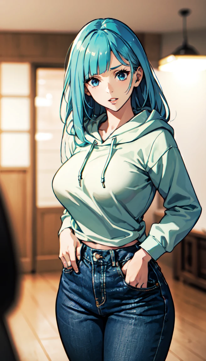 photorealistic, (4k), depth of field, (Masterpiece), (realistic skin texture), extremely detailed, intricate, hyper detailed, professional photography, bokeh, high resolution, sharp detail, best quality, girl, long hair, aqua hair, blunt bangs, blue eyes, dynamic pose, tan hoodie, beautiful thighs, indoors, (facing viewer), looking at viewers, large breasts,kasumi, miwa, kasumi miwa, mouth slightly open, hourglass shape,  soft lips, delicate lips, shiny lips, natural lips,  High waisted jeans, tight jeans, cropped hoodie, baggy hoodie, thick heavy hoodie, long sleeve, middle finger, giving camera the middle finger