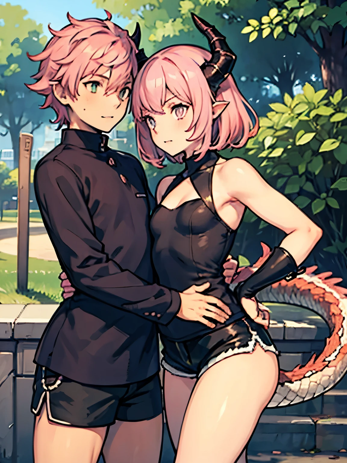 small male femboy with pink hair and dragon horns in black shorts in a park