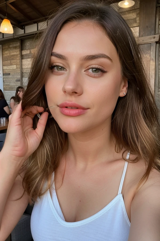 gorgeous young white woman,21 y.o, sweet face,yellow eyes,downturned eyes,heart shaped lips,straight eyebrows,raised nose,round face,((long shot)) Blonde influencer with natural wavy long hair,Kombiniere klassische Streetwear-Elemente wie Sneaker,  high-quality accessories such as a designer handbag or a luxury watch, um einen modernen und dennoch edlen Look zu kreieren, extravagant , 8k, extremely detailed, Fotorealistisch, komplizierte Details, realistische Hauttextur, realistische Haare, Textur, Cheerful, 8k uhd, Best quality, high resolution, Detailgenauigkeit, very big breasts, long shot, weitwinkel, Ukrainian Woman in Bar-Terrasse, enjoy a gin tonic , Dynamic Prompts for Dress Type ,Hair color and Dress Color