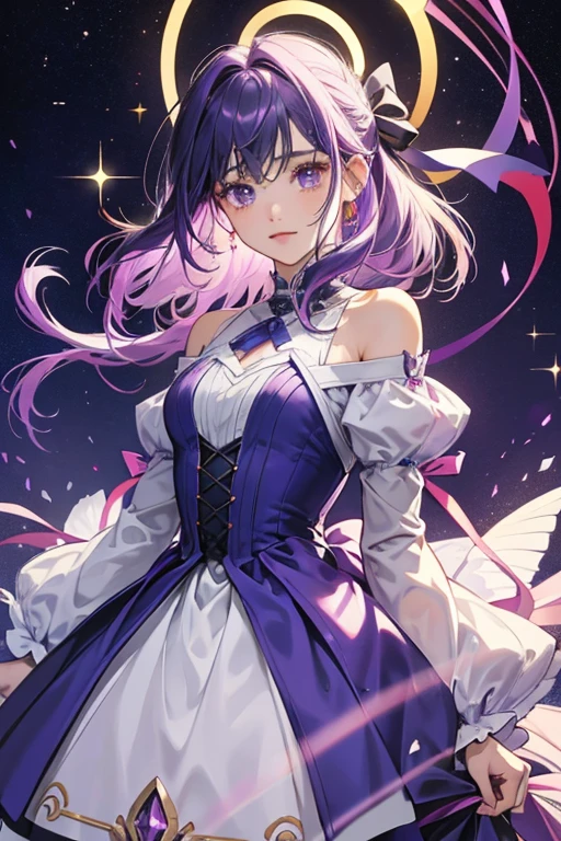 In Tell Me, Magical Pendulum, her hair has changed to having a gradient of dark periwinkle and pinkish purple. Sometimes, the ribbon trailing out from her dress is coloured orange. SPARKLE; GLITTER
