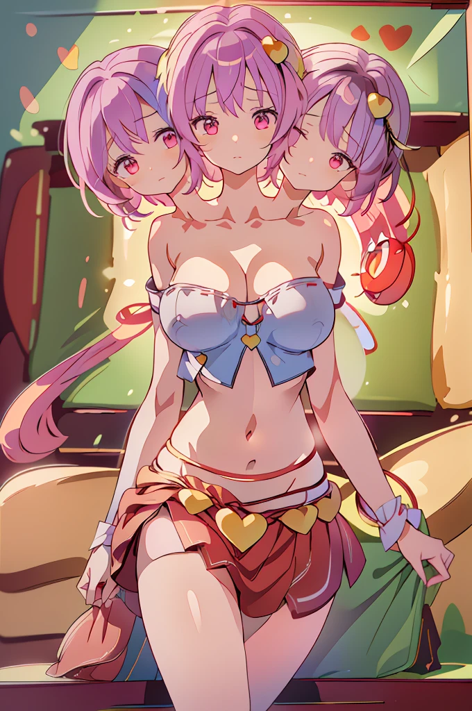 (masterpiece, best quality), best quality, (ultra-detailed), (3heads:1.5), 1girl, (komeji satori:1.3), masterpiece, best quality, ultra quality, ultra resolution, ultra detail, light blue top, crop top, ((stomach)), midriff, ((groin)), pink skirt, normal ears, shackles, pink hair, very long hair, wavy hair, sidelocks, red eyes, detailed eyes, parted lips, sweat, cute, toned belly, hand on own chest, eyelashes, (24 year old woman:1.3), (masterpiece:1.5), (best quality:1.5), (beautiful detailed), extremely detailed CG, extremely delicate and beautiful, depth of field, (finely detailed face), (perfect details:1.2), ( female:1.3), wide pelvis, slender, large veiny breastresolution, highres, very high quality, very high definition, extremely detailed, masterpiece, best quality, pink hair, long hair, alluring presence, braid, short skirt, close up, big tits, yock headband, hair ornament,