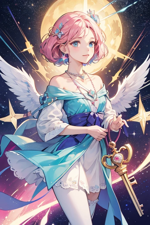 Spica's Fairilu Key is colored blue. The handle is outlined and star shaped, attached with solid trail-like lines that gives it a typical "shooting star" look. The inside of the star is attached with a yellow hexagram crest inside, adorned with a pink gem. The handle is placed on top of a heart with two small wings. The key's teeth is shaped as a capital 'T' placed on its long side. When not in use, it is attached onto a pink beaded necklace worn on her neck. SPARKLE; GLITTER