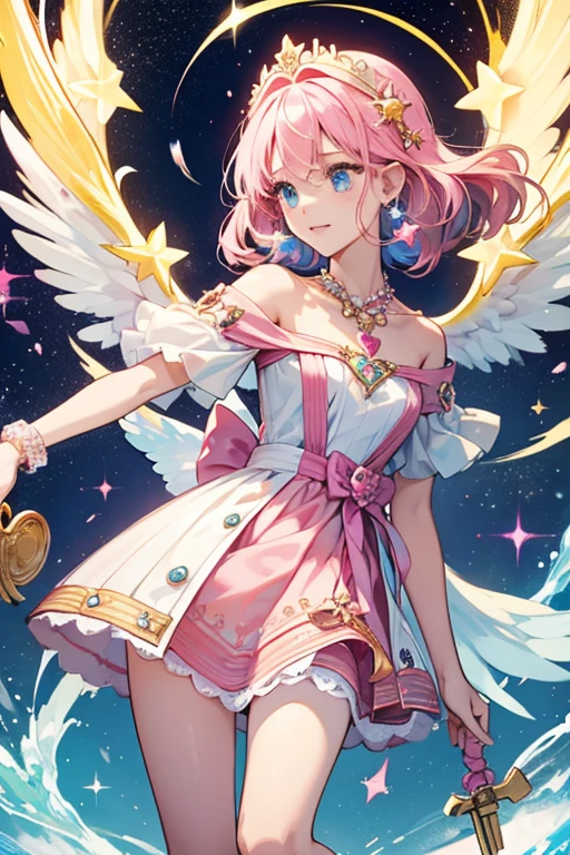 Spica's Fairilu Key is colored blue. The handle is outlined and star shaped, attached with solid trail-like lines that gives it a typical "shooting star" look. The inside of the star is attached with a yellow hexagram crest inside, adorned with a pink gem. The handle is placed on top of a heart with two small wings. The key's teeth is shaped as a capital 'T' placed on its long side. When not in use, it is attached onto a pink beaded necklace worn on her neck. SPARKLE; GLITTER