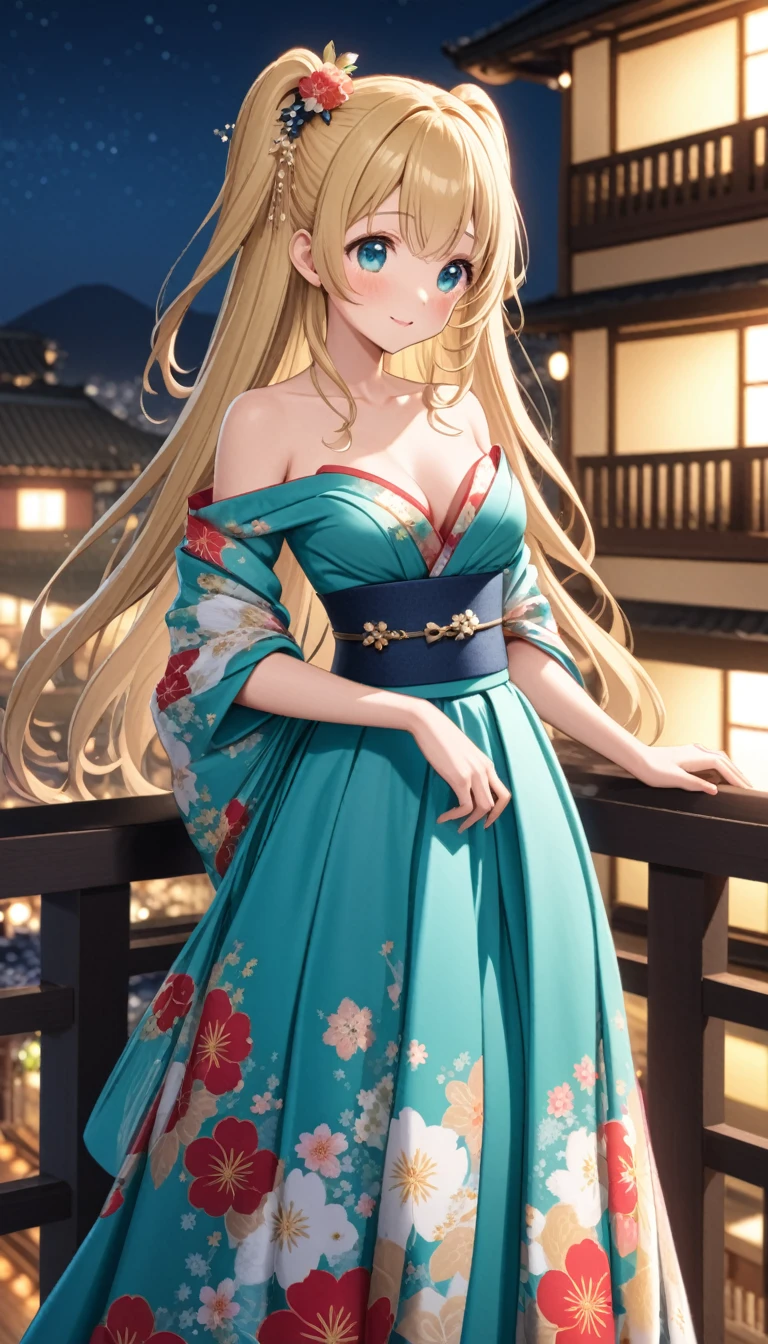 1girl,two side up,long hair,blonde hair,medium breasts,fusion of floral print kimono and ball gown,turquoise eyes,tareme,balcony,night,cowboy shot,