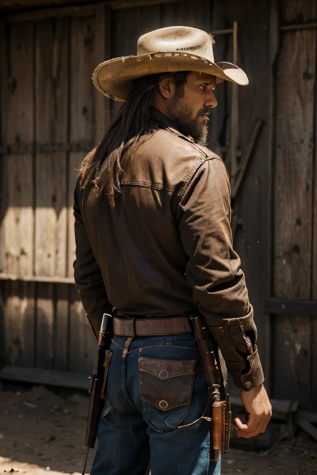 Crie um personagem masculino, cowboy do velho oeste antigo, with hair that is more or less long, it is poorly maintained, wears a brown cowboy hat, some bounty hunter clothes from the time with a drum revolver with a capacity of 6 shots and a kar98 on the back.