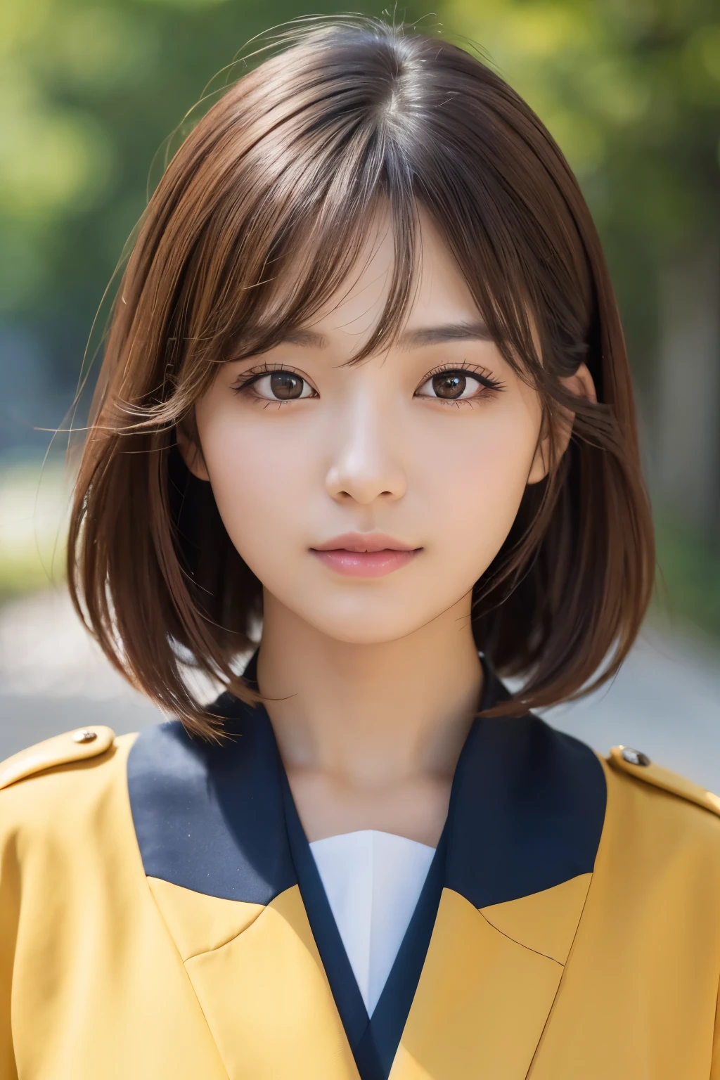 (masterpiece:1.3), (8k, Photorealistic, Raw photo, Best image quality: 1.4), Japanese 、(Random Hairstyles:1.2)、Super detailed face、Attention to detail、double eyelid、Sharp focus:1.2、Beautiful woman:1.4、Light brown hair、highest quality、masterpiece、超A high resolution、(Photorealistic:1.4)、Highly detailed and professionally lit smile、In uniform、thin、Serious expression、Short-haired