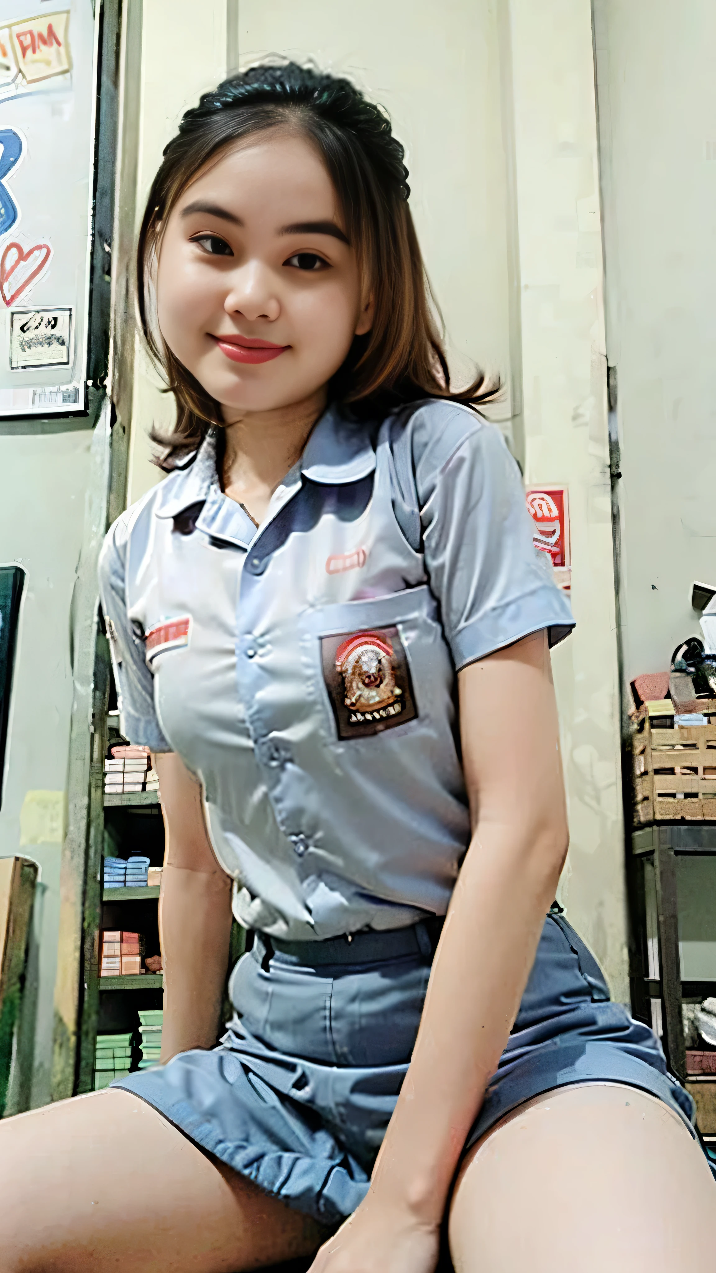 (8k, RAW photo, best quality, mastery:1.3), (realistic, photo-realistic:1.37), (looking viewer:1.331), posing Seductively, Sitting, living room, soft light, 1girl, perfect body, beautiful thighs, extremely beautiful face , slim body, smaller chest, brunette hair, long hair, smile, white shirt, short sleeves, bluish grey mini skirt