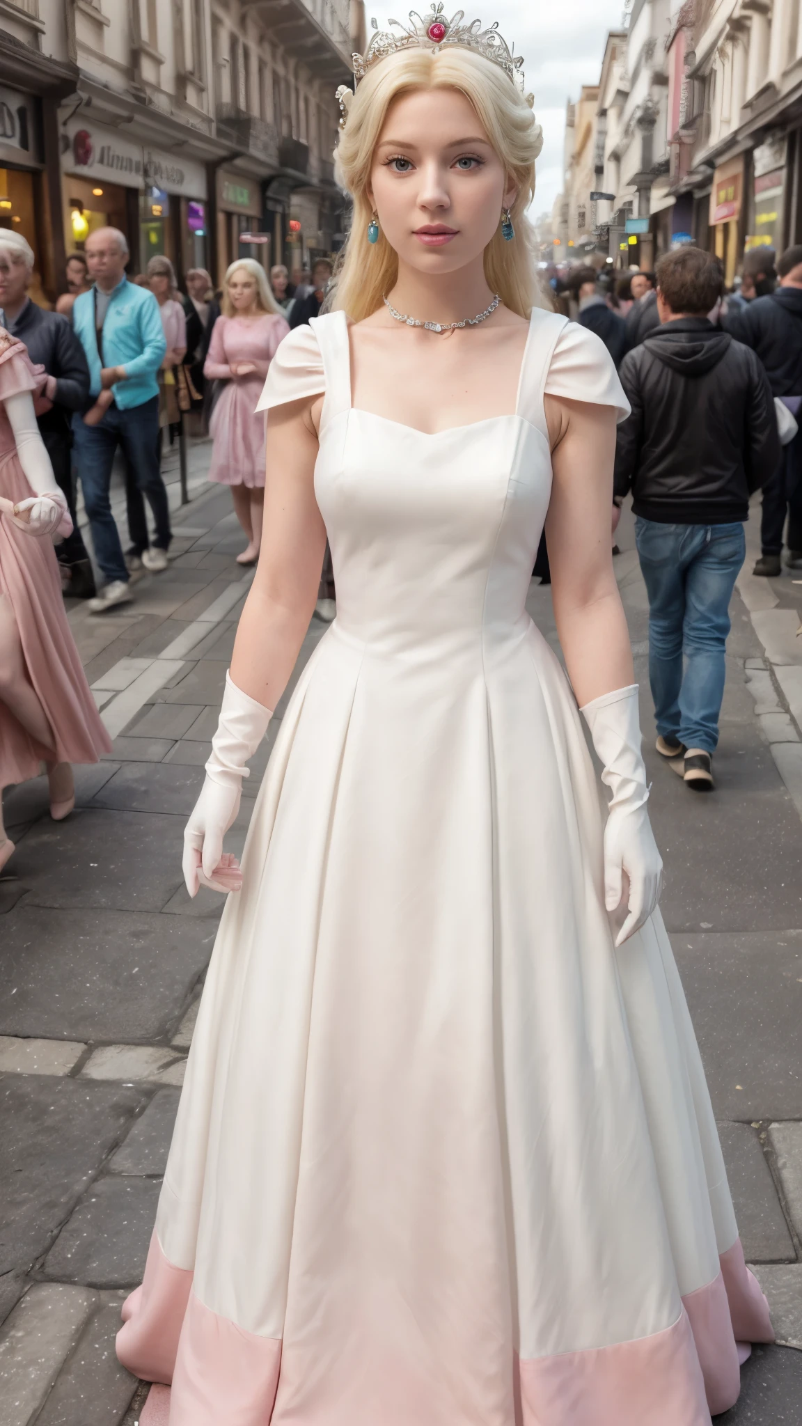 a realistic life-like picture of Princess Peach wearing a long pink dress, (very pale white skin:1.4), (yellow hair:1.2), (wearing a Princess Peach crown and turquoise earrings with a single stone), (pink princess dress:1.3), photo-realistic, (pink dress:1.4), pale skin, white skin, (masterpiece:1.4), (best quality:1.2), (photorealistic:1.37), ultra-detailed, highly detailed, 8k, white skin, (long white elbow gloves covering entire arm:1.3), white skin, (walking in a very crowded street in a busy city center during the day), (lots of people walking in the background)