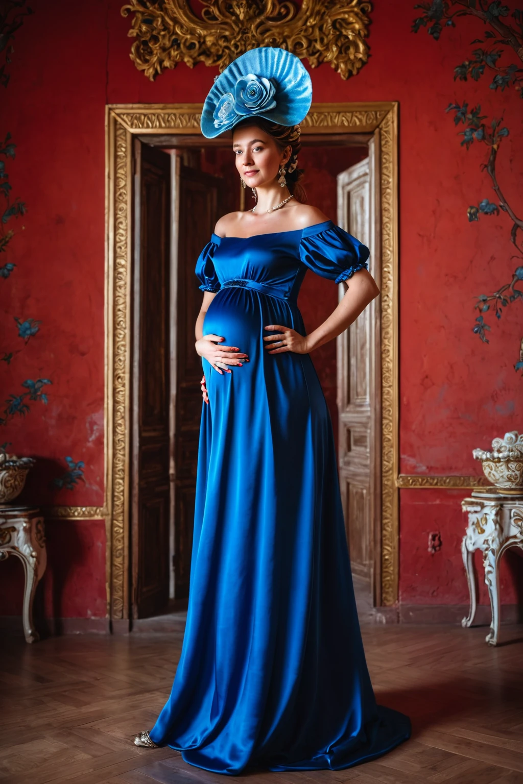 pregnant woman in blue dress and flower hat posing for a picture , standing in red wall palace , georgian blue satin dress, ancient blue dress, interior scene of red palace , blue shiny dress in the style of rococo inside palace