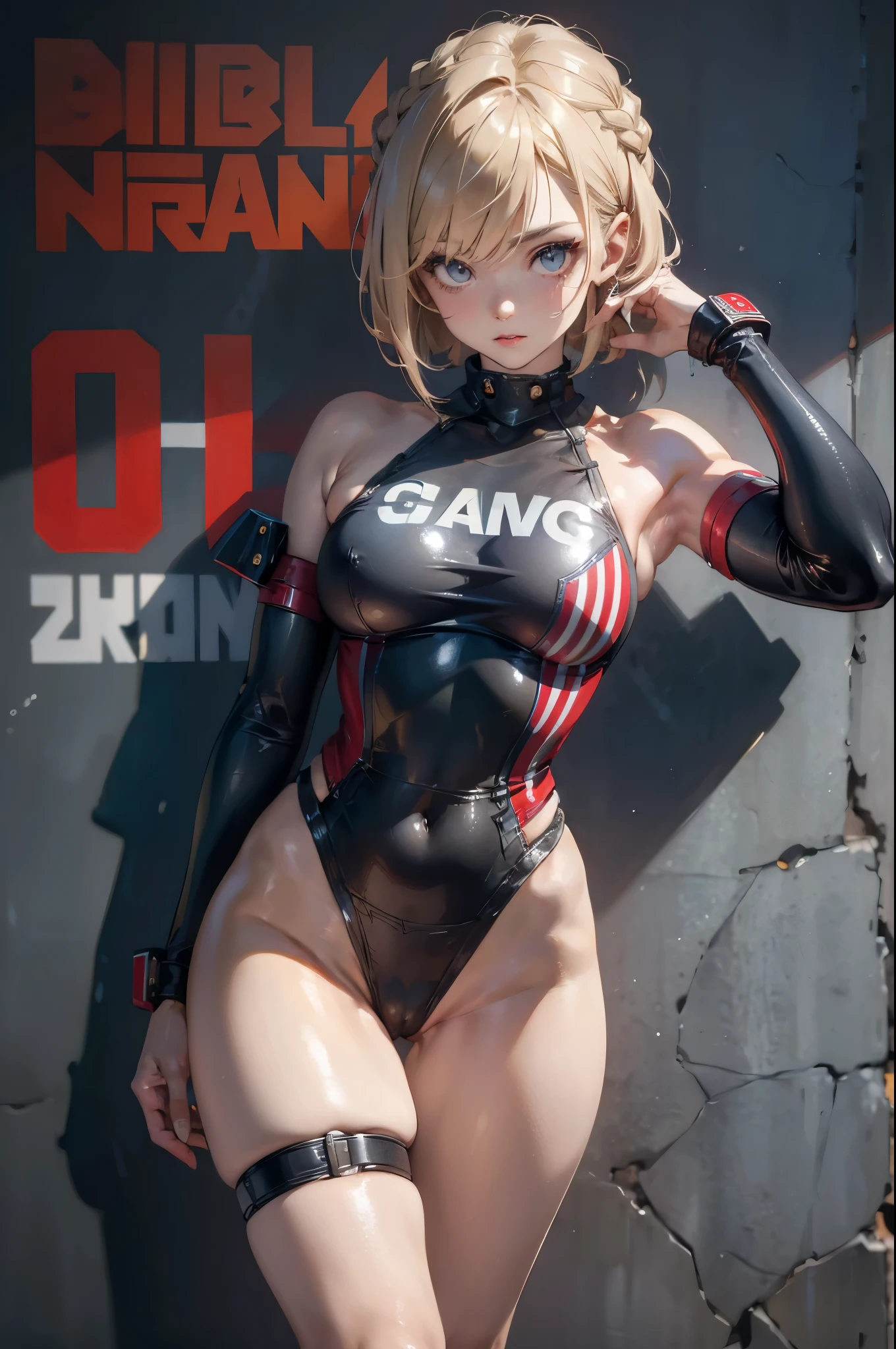 (((Miss))), (((Better quality))), (((masterpiece))), (((aldult))), (((1 Girl))), ((( bob hairstyle ))), Uma gladiadora cyberpunk Miss de 25 anos com corpo perfeito, Shoulder pads with metal ridges, brooklyn gladiators, (( bob hairstyle )), small leather panties, ripped rugby time t-shirt, Simon Beasley (Simon Bisley) almost naked as《heavy metal》Magazine cover shoot,Show wild urban style, blonde short hair, Minimum dress code, There is metal protection on the left arm,Have complex graphics, Dark Red,Zigzag pattern with white stars and stripes, Navy blue and white, armor, full of thorns, (((from knee up))), 白色blonde short hair, Wall in background painted by Shepard Fairey,Complex design,(((Crazy breast swelling)))