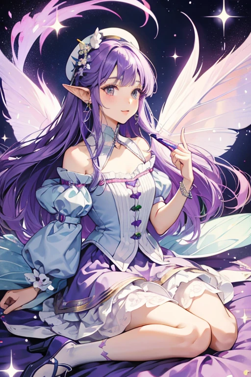Sumire is a Fairilu. She has white skin, purple eyes, pink cheeks, and pointy ears. Her fairy wings are colored violet. Her hair is violet colored and short with right-swept bangs. For apparel, she wears a light blue fairy hat with a purple flower attached to it. She wears a light purple fairy dress with a green neck collar and white trim on the skirtline. She wears dark purple pantaloons with green stockings and purple fairy shoes. She also has purple heart earrings on her ears and a pearl bracelet on her left wrist. SPARKLE; GLITTER