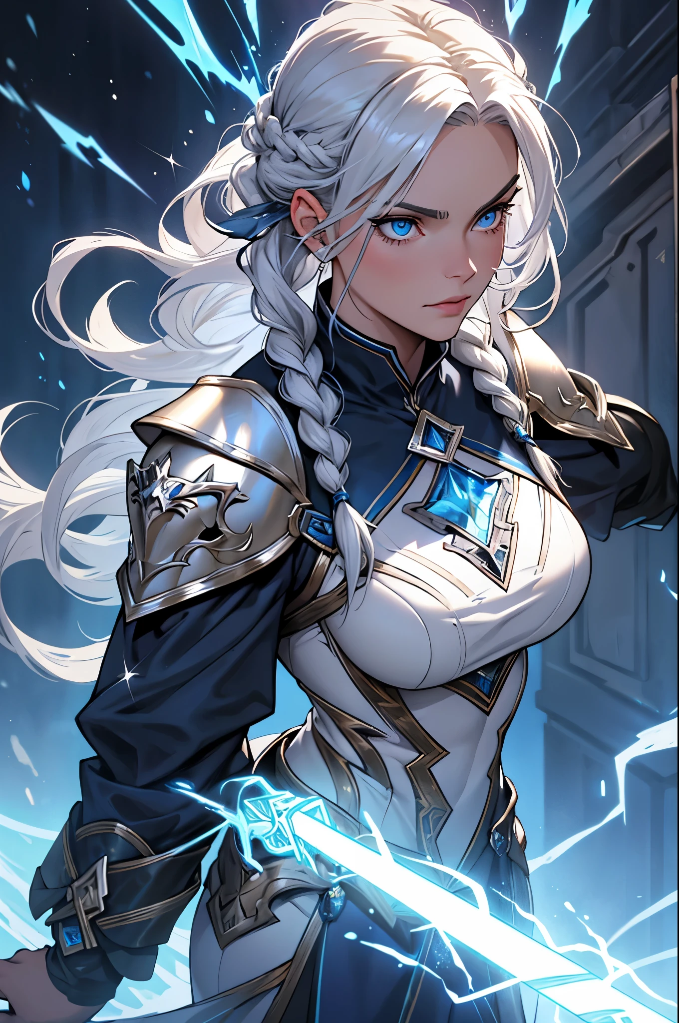 Create a high-fantasy character portrait of Electra de la Tempestad, a powerful and majestic leader. She has a defined face with high cheekbones, a strong jaw, and intense blue eyes with silver sparks. Her long, wavy platinum blonde hair cascades down her back with subtle braids adorned with silver filigree. Electra stands tall and athletic, exuding strength and grace. She wears a shimmering silver armor decorated with lightning and cloud engravings, a dark blue cloak with a silver lining flowing behind her. She carries a lightning-infused spear and is surrounded by a glowing aura with small electrical sparks.

