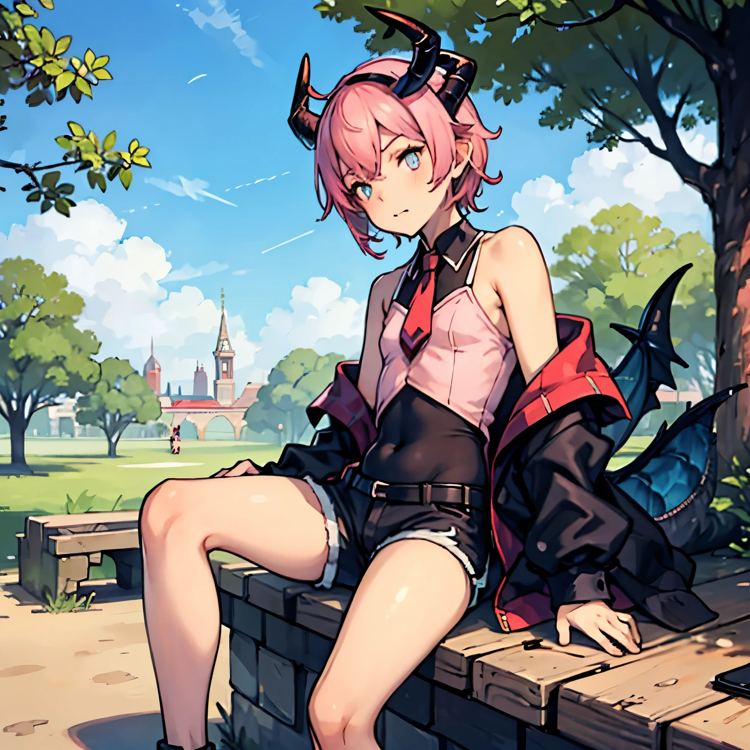 small male femboy with pink hair and dragon horns in black shorts in a park